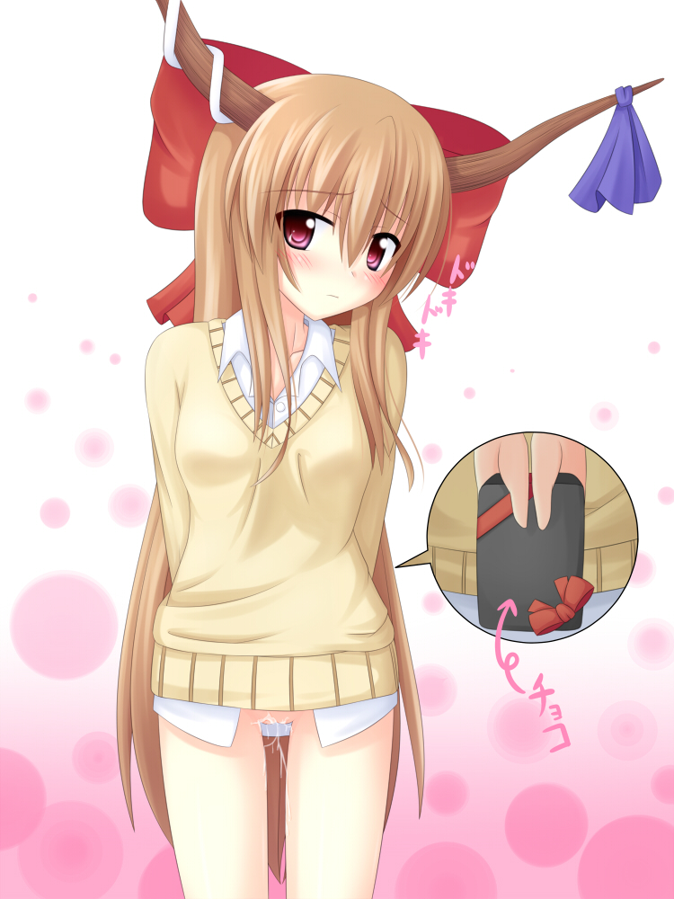 blush bottomless bow brown_hair contemporary dress_shirt gift hairbow holding holding_gift horn_ribbon horns incoming_gift long_hair no_panties purple_eyes pussy_juice ribbon shirt suika_ibuki sweater touhou valentine yoye_(pastel_white)