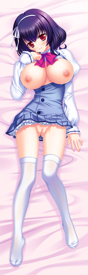 1girls blue_hair blush bow bowtie breasts breasts_out chin_rest dakimakura female from_above hair_ribbon hairband huge_breasts large_breasts lying nanami_ayane nanami_ayaoto naughty_face no_bra no_panties on_back open_clothes open_shirt pleated_skirt purple_hair pussy red_eyes ribbon school_uniform seikon_no_qwaser shirt short_hair skirt skirt_lift smile solo sweat thighhighs uncensored white_legwear yamanobe_tomo