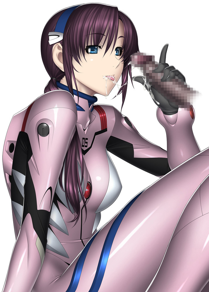 censored clothing cum cum_in_mouth cum_string handjob kansuke mari_illustrious_makinami medium_breasts neon_genesis_evangelion penis plugsuit rebuild_of_evangelion tongue