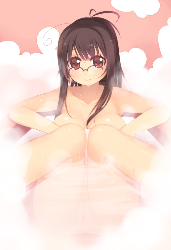 ahoge arima_senne bath big_breasts breasts brown_hair closed_mouth eyewear female female_only front_view glasses hair human kashiwamochi_yomogi long_hair looking_at_viewer nude open_eyes original pale-skinned_female pale_skin pussy raised_leg red_eyes sitting smile solo steam straight_hair uncensored water