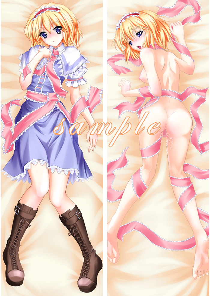 1girls alice_margatroid ass barefoot blonde_hair blue_eyes blush censored clothing dakemakura-koubou dakimakura dress feet looking_at_viewer naked naked_ribbon nipples open_mouth pussy pussy_juice ribbon sample short_hair solo source_request touhou white_skin