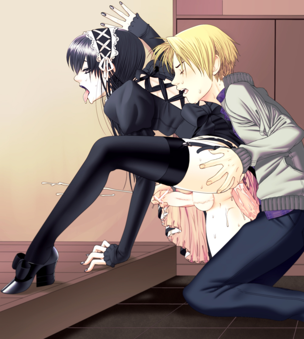 2boys ahe_gao anal anal_sex back black_hair black_legwear black_lipstick black_thighhighs blonde_hair bonnet canon_crossdressing censored closed_eyes crossdressing cum cum_inside cum_while_penetrated dress dress_lift ejaculation error femboy fucked_silly garter_belt gay goth gothic_lolita handjob high_heels huge_cock human inf kneeling leg_lift lipstick lolita_fashion makeup male male_only mascara moyashimon multiple_boys nail_polish no_panties penis petticoat projectile_cum reach_around sawaki_souemon_tadayasu sex shoes sweat thighhighs tongue yaoi yuuki_kei