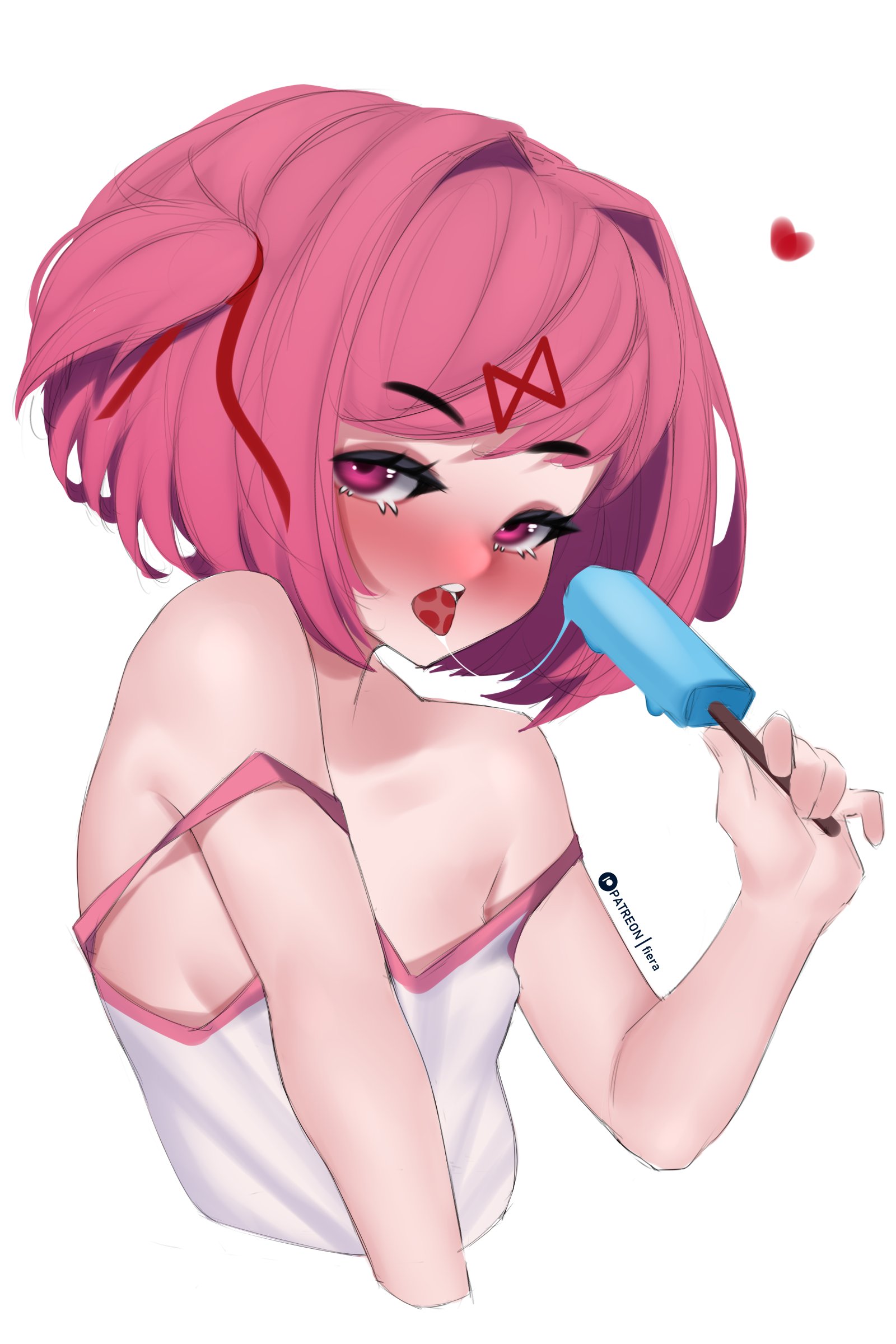 1girls, blue popsicle, doki doki literature club, female, fiera (artist), heart, holding object, holding popsicle, natsuki (doki doki literature club), open mouth, pink eyes, pink hair, popsicle, popsicle melting, shirt, solo, tongue, tongue out