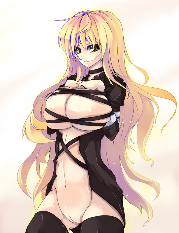 1girls blonde_hair bottomless breast_bondage breasts female hijiri_byakuren large_breasts long_hair navel no_bra no_panties open_clothes pussy ribbon smile solo thighhighs toono_yayoi topless touhou uncensored yellow_eyes