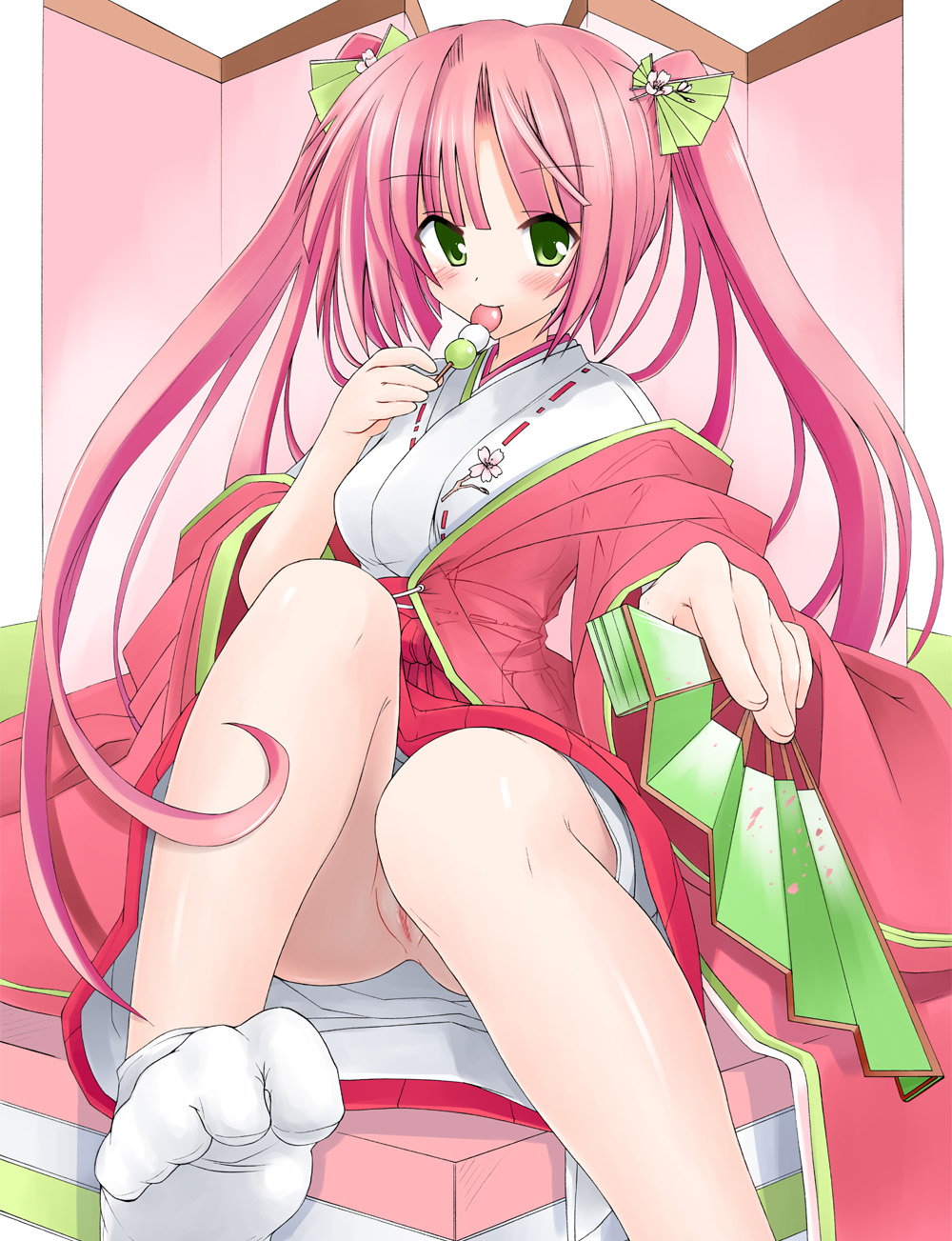 censored dango eating fan female folding_fan food foreshortening green_eyes hair_ornament highres japanese_clothes kimono long_hair no_panties off_shoulder original pink_hair pussy solo suika_(kinokoh) tabi tied_hair toe_scrunch toes twintails wagashi