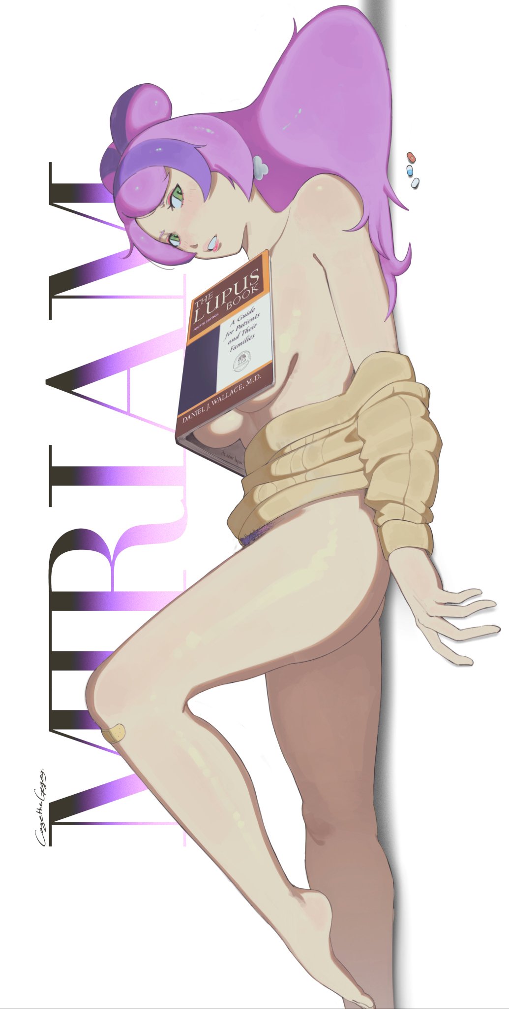 1girls, artist signature, book covering breasts, breasts, cagethegegeg, female, game freak, miriam (pokemon), nintendo, pills, pink hair, pokemon, pokemon sv, pubic hair, shirt down, shirtless, text