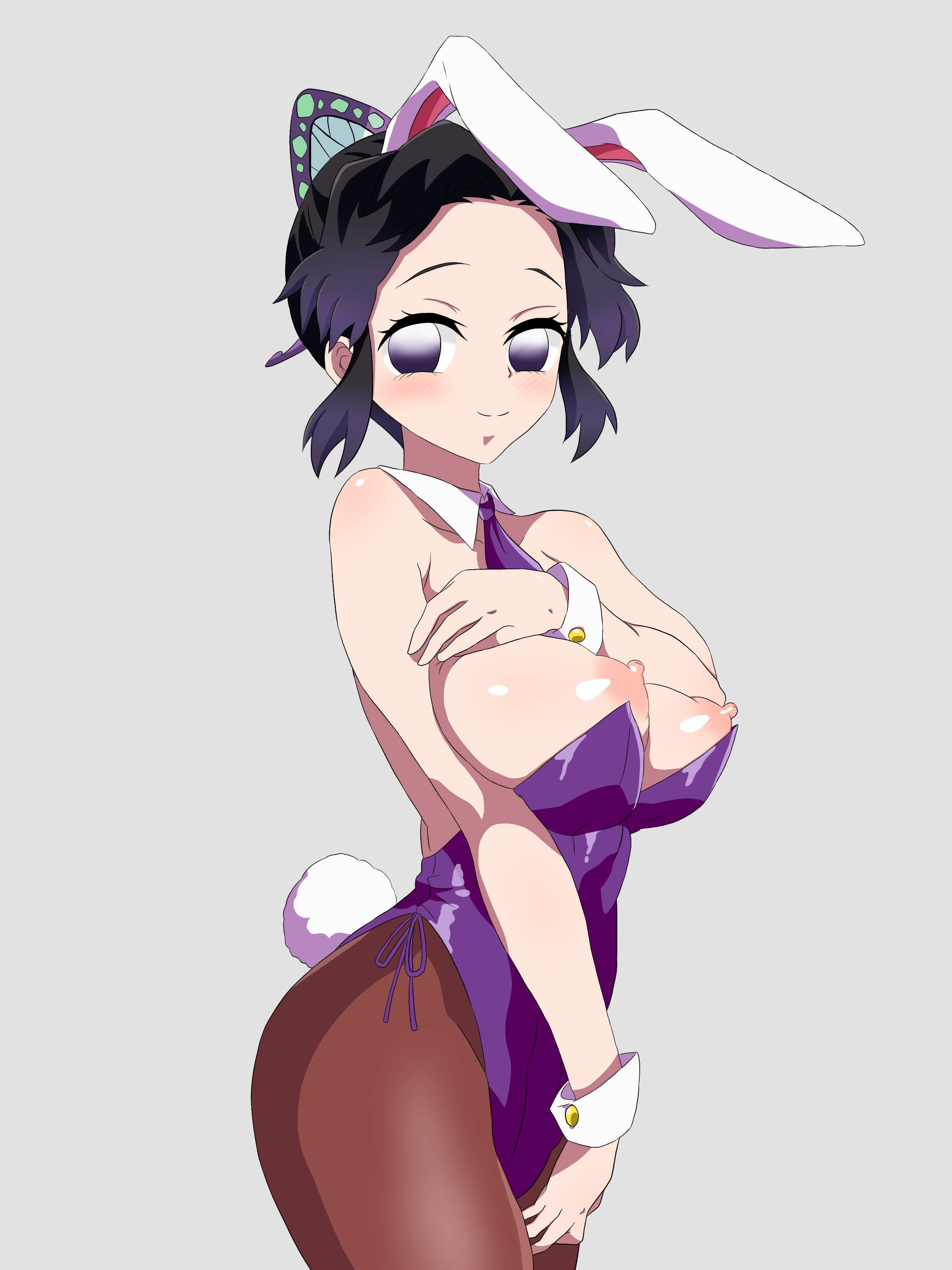 1girls, adult, adult female, ankake pasta, areolae, belly, belly button, big breasts, black hair, black-haired female, breasts, brown legwear, brown pantyhose, brown stockings, brown tights, bunny ears, bunny girl, bunny tail, bunnygirl outfit, bunnysuit, busty, busty female, butterfly hair ornament, closed mouth smile, collar, collarbone, curvaceous, curvaceous body, curvaceous female, curvaceous figure, curvaceous hips, curvy, curvy body, curvy female, curvy figure, curvy hips, demon slayer, digital, digital art, digital drawing, digital drawing (artwork), digital media, digital media (artwork), female, female focus, female only, fingers, gradient hair, grey background, groin, hair ornament, high resolution, highres, hourglass figure, kimetsu no yaiba, kochou shinobu, large boobs, large breasts, lean figure, legwear, looking at viewer, mature, mature female, midriff, multicolored hair, narrow waist, navel, necktie, nipples, pantyhose, parted bangs, plump breasts, purple bunnysuit, purple eyes, purple hair, purple leotard, purple necktie, purple topwear, purple-eyed female, purple-haired female, short hair, shoulders, sideboob, sidelocks, simple background, slender body, slender waist, slim waist, smile, smiley face, smiling, smiling at viewer, smirk, solo, standing, stockings, thick thighs, thighs, tights, uncensored, uncensored breasts, uncensored nipples, upper body, white bunny ears, white collar, white hairband, white wrist cuffs, wide hips, wrist cuffs