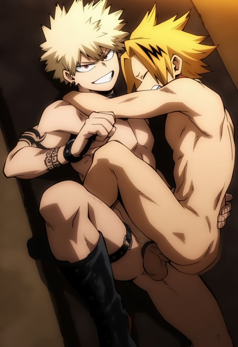 ai generated, bakugou katsuki, bara, boku no hero academia, denki kaminari, gay, gay sex, hawkchan99, kaminari denki, katsuki bakugou, male, male focus, male only, muscular, muscular male, my hero academia, pubic hair, yaoi