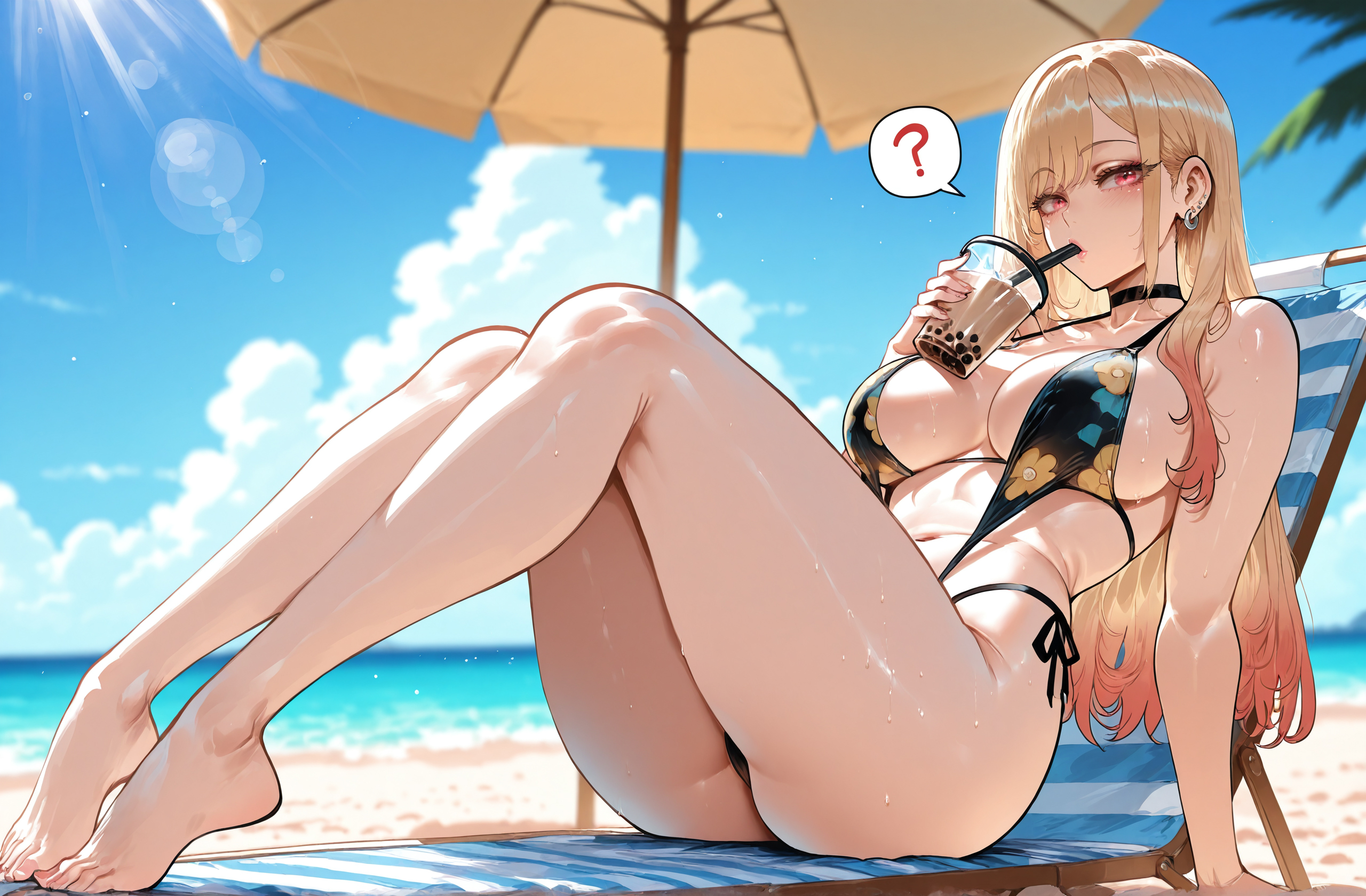 ?, 1girls, ai generated, ass, bangs, bare legs, bare shoulders, barefoot, beach, beach chair, beach umbrella, bikini, black bikini, black choker, black one-piece swimsuit, blonde hair, blue sky, blush, breasts, bubble tea, chair, choker, cleavage, clothing, cloud, cup, curvaceous, curvaceous female, curvaceous figure, curvy, curvy figure, day, disposable cup, drink, drinking, drinking straw, drinking straw in mouth, ear piercing, earrings, feet, female, female focus, female only, floral print, gradient hair, holding, holding cup, inviting, jewelry, kitagawa marin, knees up, large breasts, leaning back, legs, long hair, looking at viewer, miyuai, multicolored hair, nail polish, navel, ocean, one-piece swimsuit, outdoors, palm tree, piercing, pink nails, presenting, presenting ass, presenting breasts, presenting hindquarters, presenting self, print bikini, red eyes, red hair, sand, seductive, seductive look, seductive smile, sitting, sky, solo, sono bisque doll wa koi wo suru, spoken question mark, sunlight, swimsuit, thighs, toenail polish, toenails, toes, umbrella, voluptuous, voluptuous female, water, wet