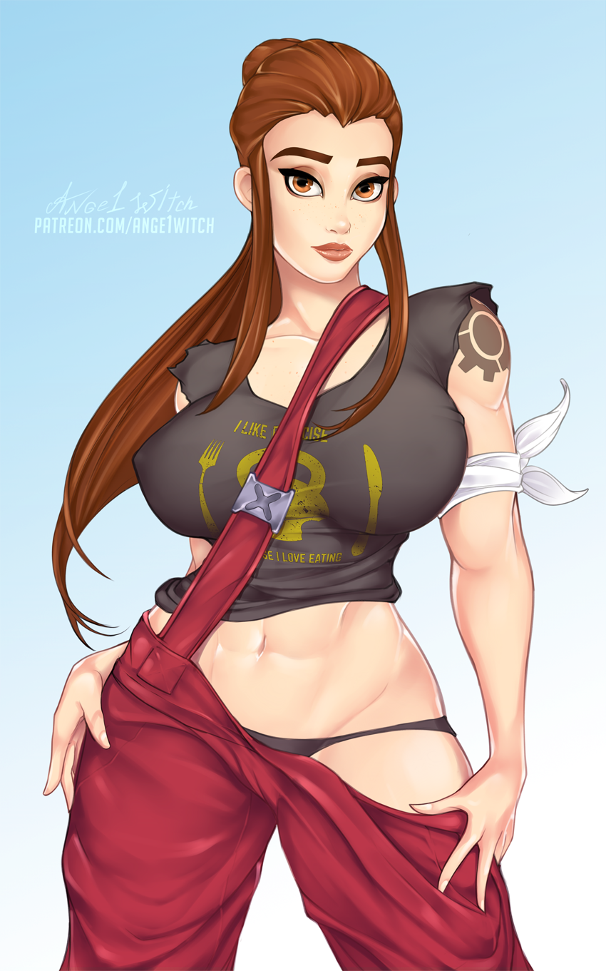 1girls, 2d, abs, ange1witch, breasts, brigitte, brigitte lindholm, cleavage, female, female only, huge breasts, looking at viewer, overwatch, panties, solo, tattoo