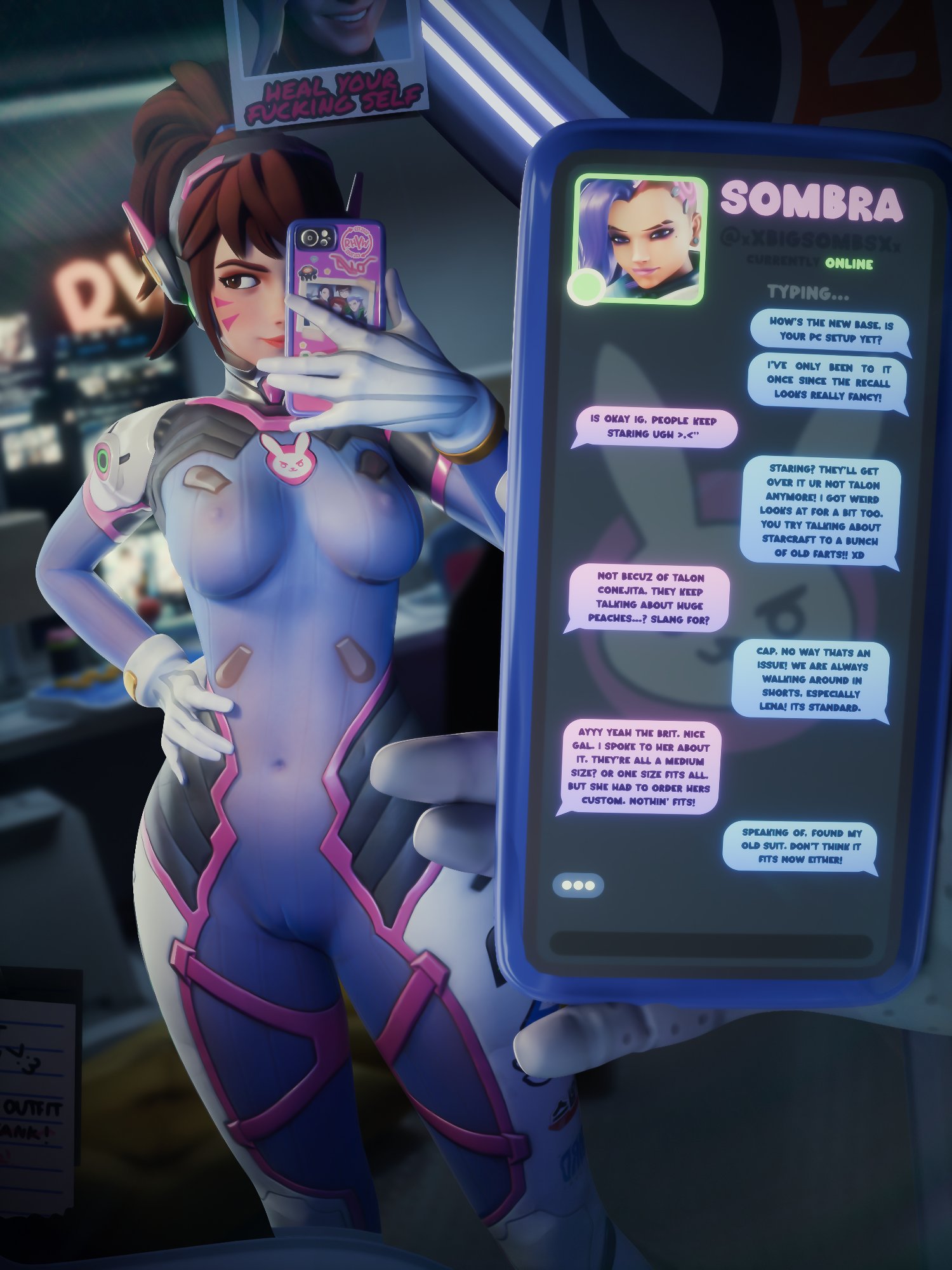 1girls, 3d, bodysuit, breasts, cameltoe, clothed, d.va, female, mercy, mirror, mirror selfie, overwatch, overwatch 2, ponytail, rhywlad, see-through, see-through clothing, selfie, small breasts, sombra