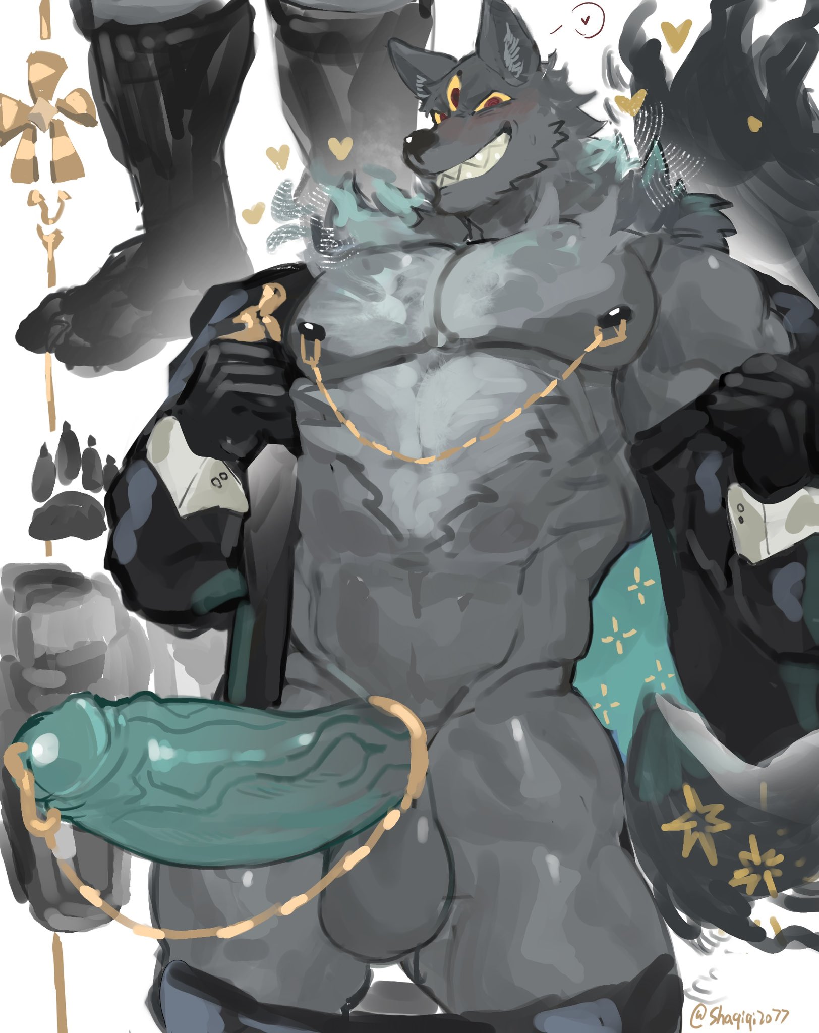 2025, 3 eyes, anthro, arknights, balls, bara, big penis, black fur, blush, canid, canine, canis, cock, cock piercing, cock ring, feet, fur, furry, gay, gay male, gloves, grin, hairy chest, heart, huge cock, male, mostly nude, muscular, muscular male, nipple piercing, nipples, pants, pants down, penis, piercing, pointy ears, shaqiqi2077, socks, suit, tagme, tail, veiny penis, wolf, wolfe (arknights), yaoi