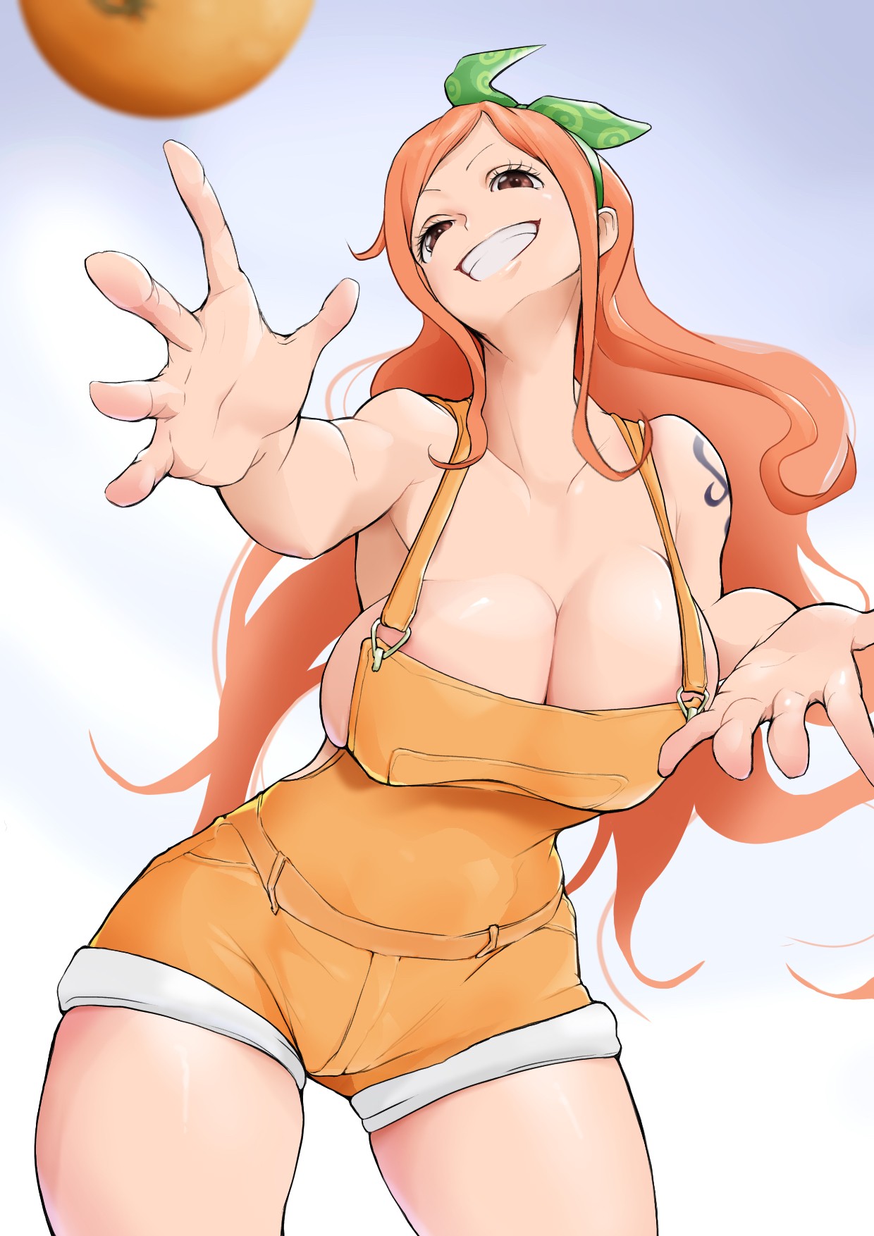 1girls, adult, adult female, arm tattoo, big breasts, breasts, busty, busty female, cleavage, collarbone, digital, digital art, digital drawing, digital drawing (artwork), digital media, digital media (artwork), elbows, female, female focus, female only, fingers, ginger, ginger hair, green hair ribbon, green hairband, green ribbons, groin, hair ribbon, hairband, head tilt, high resolution, highres, hourglass figure, huge boobs, huge breasts, human, human female, large boobs, large breasts, lean figure, light skin, light-skinned female, long hair, looking at viewer, mature, mature female, nami (one piece), narrow waist, one piece, one piece film stampede, orange eyebrows, orange eyes, orange hair, orange-eyed female, orange-haired female, overalls, parted bangs, parted lips, pixiv id 74411726, plump breasts, post-timeskip, ribbon, shoulders, simple background, slender body, slender waist, slim waist, smile, smiley face, smiling at viewer, solo, standing, tangerine (fruit), tattoo, tattoo on arm, tattooed arm, thick thighs, thigh gap, thighs, tilted head, upper body, white background, wide hips, yellow overalls