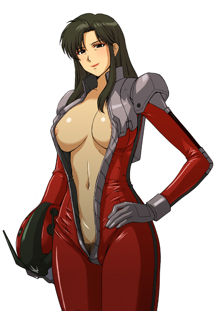 1girls 2d 2d_(artwork) bodysuit breasts center_opening cima_garahau curvaceous female gloves green_hair gundam gundam_0083 hand_on_hip helmet hi_res highres hips human kitahara_aki large_breasts light-skinned_female light_skin long_hair mature mature_woman navel no_bra no_panties open_clothes pilot_suit pubic_hair uniform villainess white_background wide_hips zeon