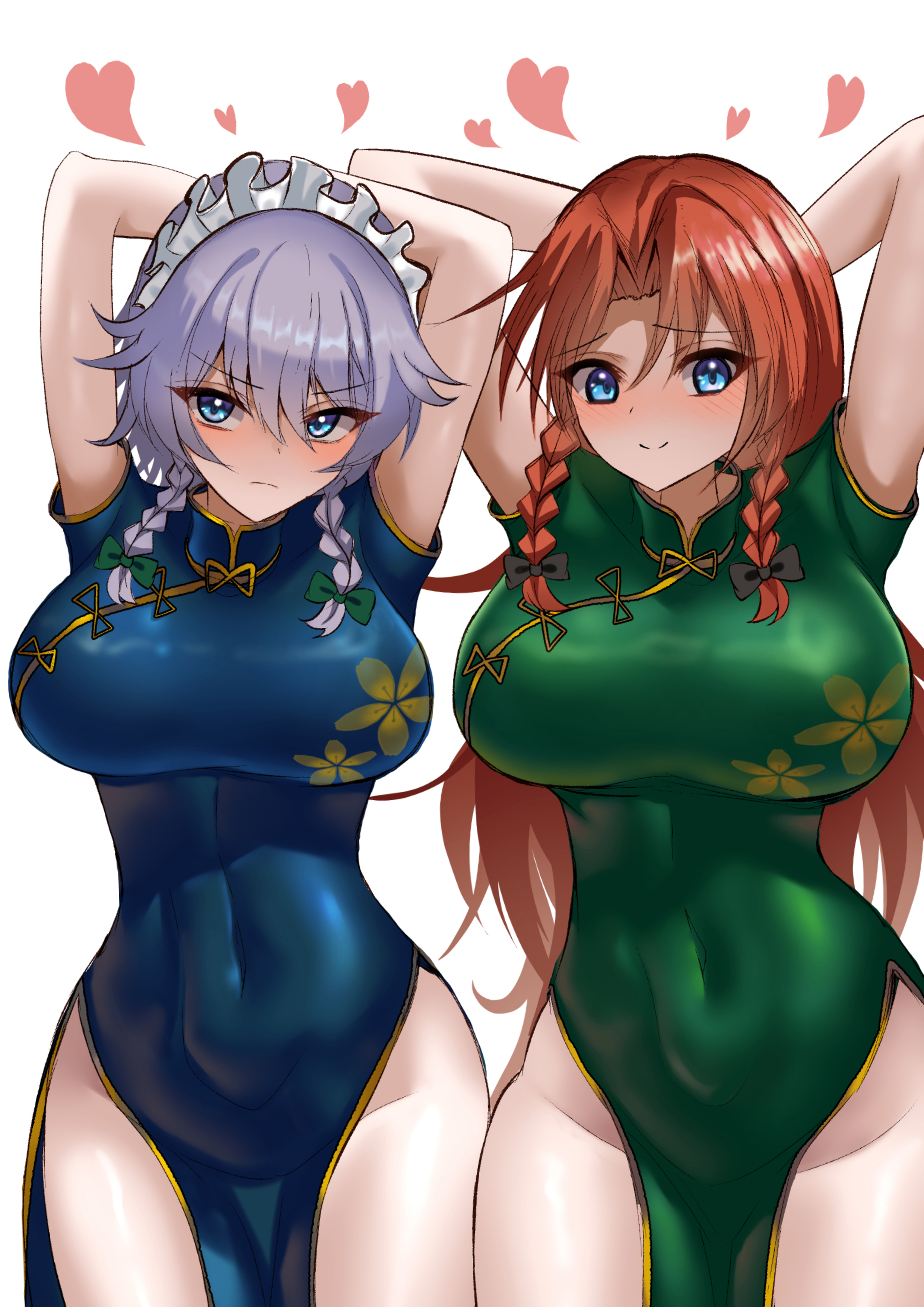 2girls, blush, china dress, chinese clothes, female, hands behind head, hong meiling, looking at viewer, only female, sakuya izayoi, tofuandsoup, touhou