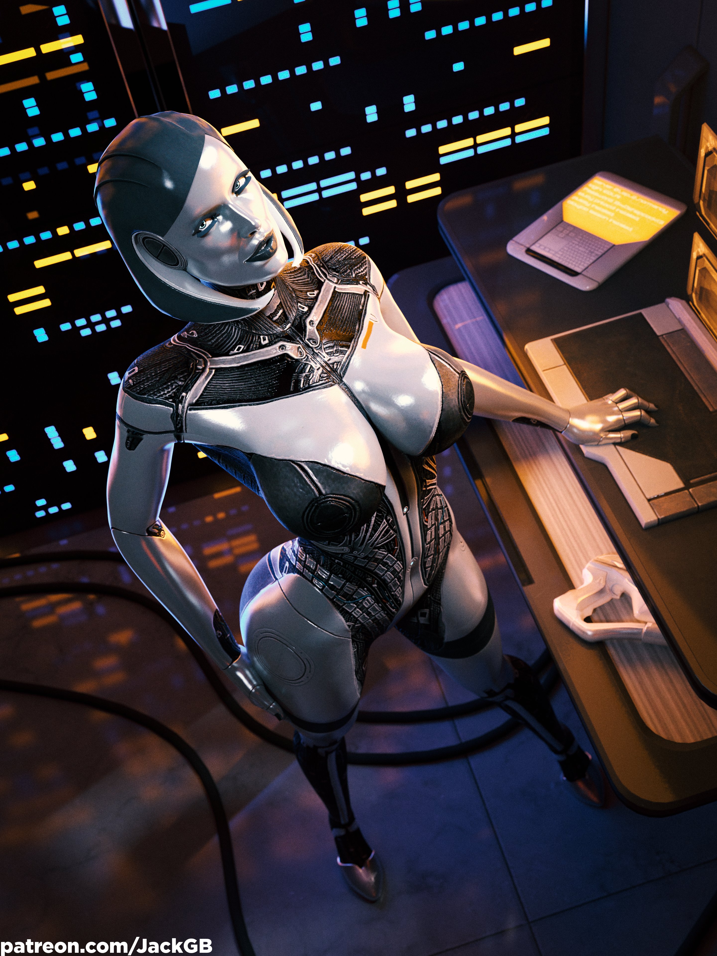 1girls, 2025, 3d, alternate breast size, big breasts, breasts, completely nude, detailed background, edi, female, female only, indoors, jackgb, legs apart, looking at viewer, mass effect, mass effect 3, nude, nude female, robot, robot girl, solo