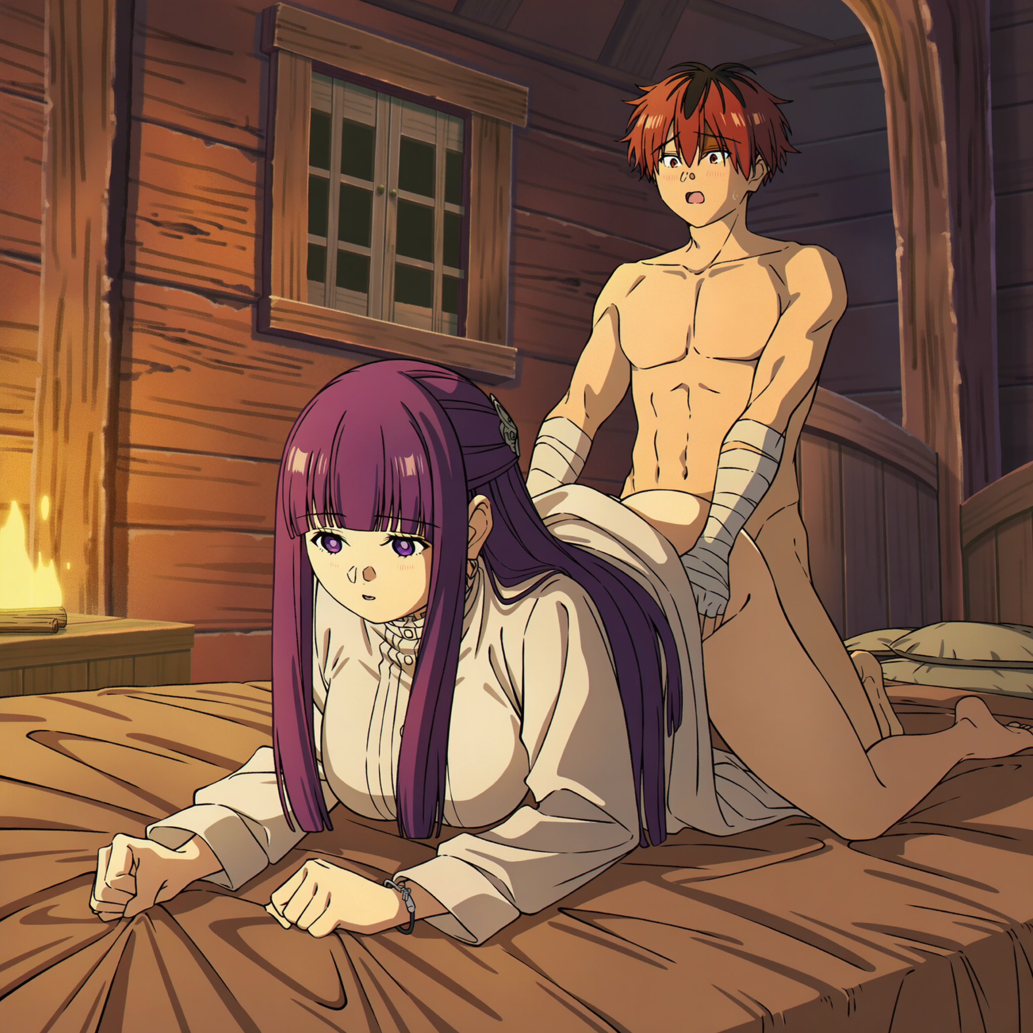 1boy, 1boy1girl, 1girls, ai generated, ass, bandage, blush, clothed, clothed female nude male, clothed sex, doggy style, duderu, feet, female, fern (sousou no frieren), frieren beyond journey's end, implied sex, indoors, male, nude male, open mouth, purple eyes, purple hair, red hair, sex, sex from behind, sheet grab, sousou no frieren, stark (sousou no frieren), thighs