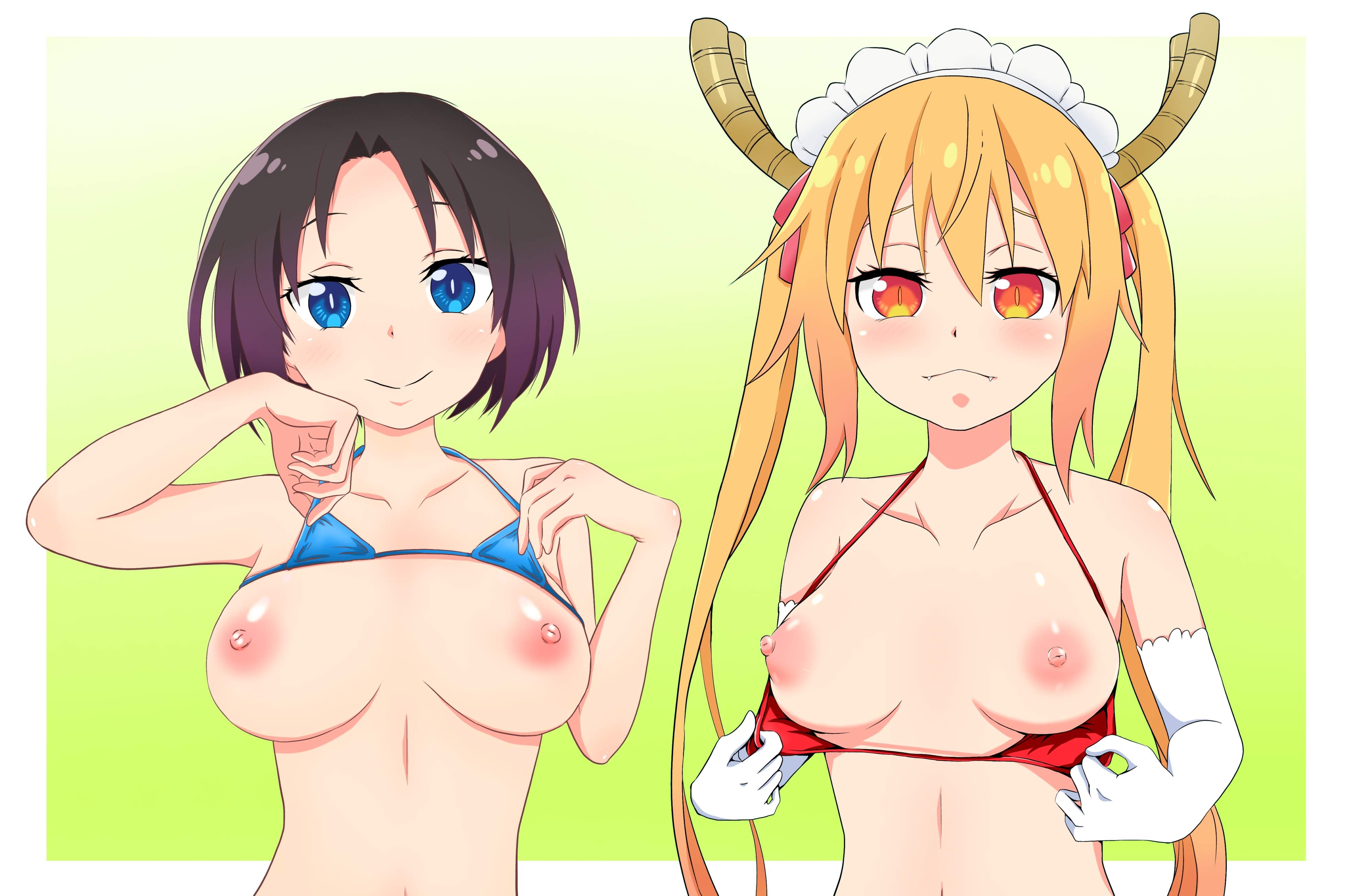 2girls, almost naked, almost nude, ankake pasta, areolae, bare arms, bare belly, bare breasts, bare chest, bare hands, bare midriff, bare navel, bare nipples, bare shoulders, bare skin, bare tits, bare torso, belly, belly button, big breasts, bikini, bikini aside, bikini down, bikini pull, bikini top, bikini top aside, bikini top down, bikini top pull, black hair, black-haired female, blue bikini, blue bikini top, blue eyes, blue string bikini, blue swimsuit, blue swimwear, blue-eyed female, breasts, breasts apart, brown horn, brown horns, busty, busty female, closed mouth smile, collarbone, digital, digital art, digital drawing, digital drawing (artwork), digital media, digital media (artwork), dragon horn, dragon horns, elbow gloves, elma (dragon maid), exposed arms, exposed belly, exposed breasts, exposed chest, exposed midriff, exposed navel, exposed nipples, exposed shoulders, exposed skin, exposed tits, exposed torso, exposing, exposing breasts, exposing chest, exposing nipple, exposing self, female, female focus, female only, fingers, ginger, ginger hair, gloves, gradient hair, green background, hair between eyes, halterneck, high resolution, highres, horn, horns, large boobs, large breasts, lean figure, linea alba, long gloves, long hair, looking at viewer, maid, maid cap, maid headdress, medium breasts, midriff, miss kobayashi's dragon maid, mostly nude, multicolored hair, multiple females, multiple girls, naked, naked female, naked woman, narrow waist, navel, nearly nude, nipples, nude, nude female, nudity, orange eyebrows, orange eyes, orange hair, orange-eyed female, orange-haired female, plump breasts, practically nude, purple hair, purple-haired female, red bikini, red bikini top, red string bikini, red swimsuit, red swimwear, shoulders, showing breasts, showing chest, showing nipple, simple background, slender body, slender waist, slim waist, smile, smiley face, smiling, smiling at viewer, smirk, standing, stomach, string bikini, swimsuit, swimsuit aside, swimsuit down, swimsuit pull, swimwear, tohru (dragon maid), uncensored, uncensored breasts, uncensored nipples, upper body, white elbow gloves, white gloves, white long gloves