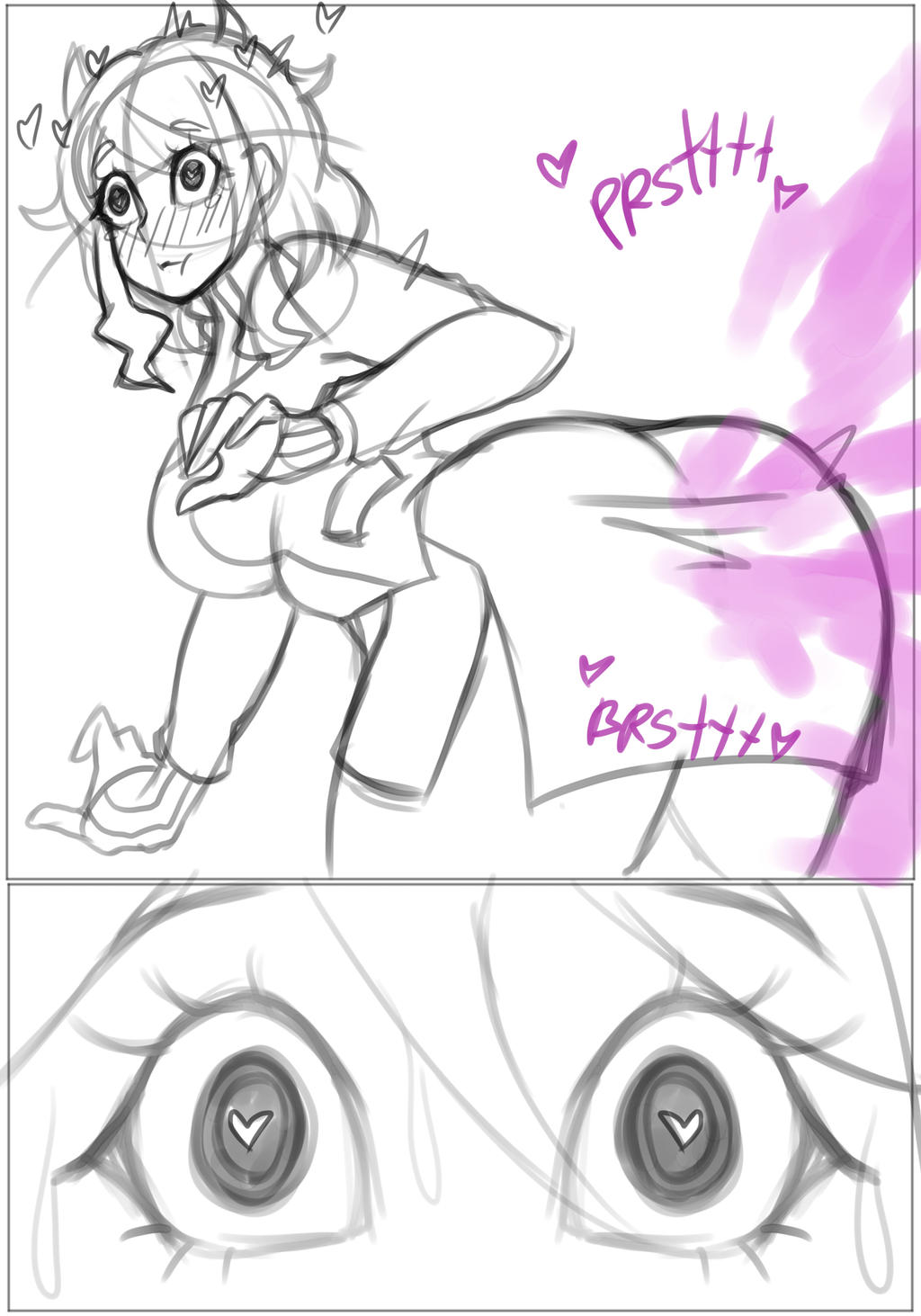 chro-sis, enjoying farting, fart, fart cloud, fart fetish, farting, heart-shaped pupils, helltaker, modeus (helltaker), sketch, unusual fart