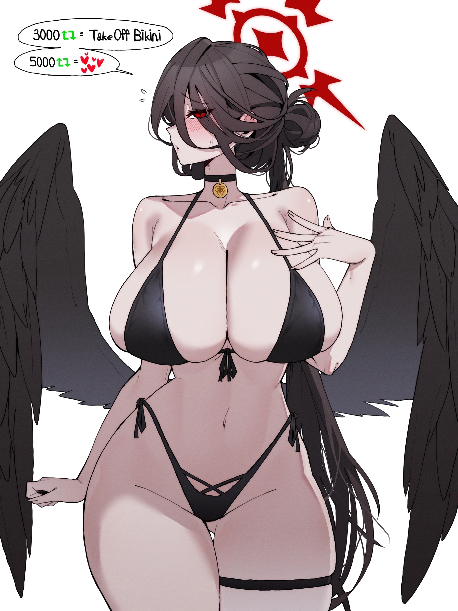 1girls, 7a (se7ena), absurdres, angel wings, bare shoulders, bikini, black bikini, black choker, black hair, black wings, blue archive, blush, breasts, choker, cleavage, cowboy shot, curvy, feathered wings, female, hair between eyes, hair bun, halo, hasumi (blue archive), hasumi (swimsuit) (blue archive), heart, highres, huge breasts, long hair, looking at viewer, low wings, micro bikini, mole, navel, red eyes, simple background, single hair bun, skindentation, solo, standing, stomach, sweat, swimsuit, thick thighs, thighs, twitter strip game, very long hair, white background, wings