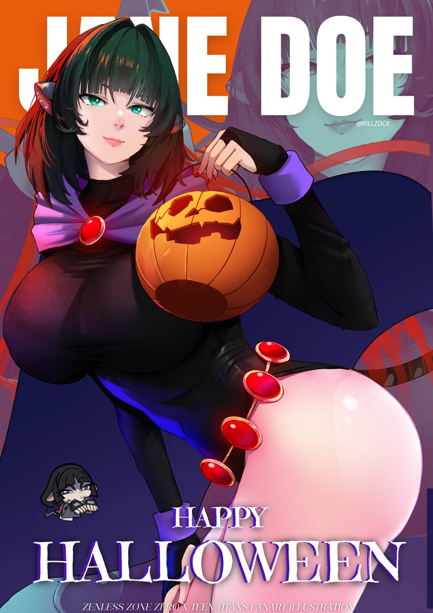 1girls, animal ears, aqua eyes, artist name, ass, big ass, big breasts, black bodysuit, black leotard, blue eyes, blunt bangs, bodysuit, breasts, brooch, bucket, cape, character name, chibi, commentary, copyright name, cosplay, dc, dc comics, english commentary, english text, female, female only, fingerless gloves, gloves, green hair, hair intakes, halloween, halloween costume, highres, holding, holding bucket, huge ass, huge breasts, jane doe (zenless zone zero), jewelry, killzdck, large ass, large breasts, leotard, long sleeves, looking at viewer, medium hair, mouse ears, mouse girl, mouse tail, nose, pumpkin, raven (cosplay), raven (dc), raven (dc) (cosplay), red nails, short hair, skin tight, smile, solo, tail, teen titans, thighs, turtleneck, twitter username, witch, zenless zone zero, zoom layer