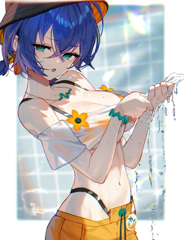 belle (summer skies) (zenless zone zero), belle (zenless zone zero), bikini, bikini top under shirt, bikini under shorts, black hat, blue hair, blurry, blurry background, border, breasts, bucket hat, cleavage, commentary request, crossed bangs, female, female only, green eyes, hair between eyes, hat, highleg, large breasts, looking at viewer, navel, official alternate costume, official alternate hairstyle, open mouth, orange bikini, orange shorts, outside border, scottie (phantom2), see-through clothes, see-through shirt, shirt, short hair, short shorts, short sleeves, shorts, solo, stomach, swimsuit, wet, wet clothes, wet shirt, white border, white shirt, wringing clothes, zenless zone zero