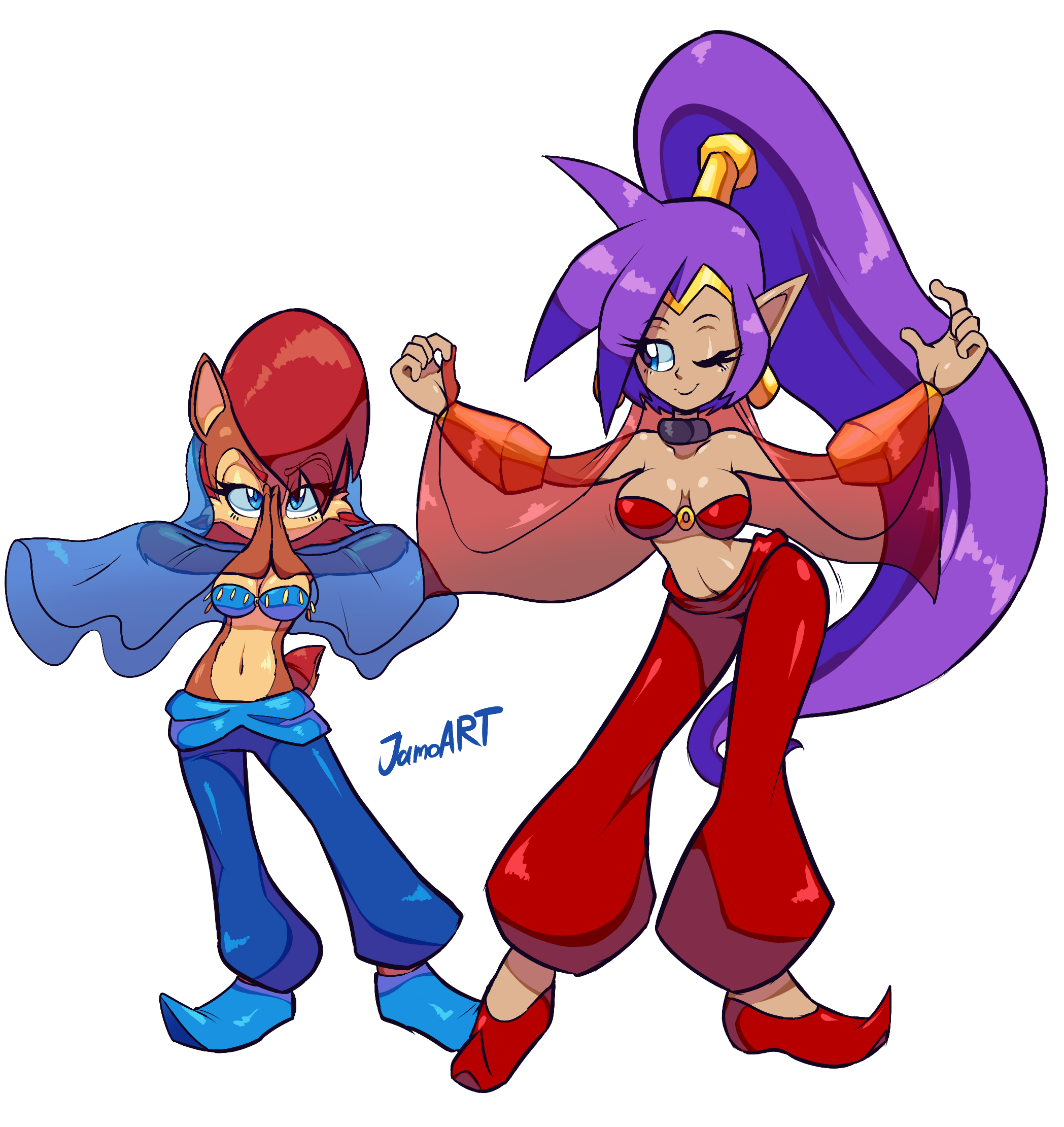 2girls, archie comics, artist name, artist signature, bandeau, bellydancer outfit, bellydancing, blue clothing, blue eyes, bra, breasts, brown fur, chipmunk, crossover, dark skin, dark-skinned female, duo, duo focus, female, female only, fur, furry, furry female, half-genie, harem outfit, harem pants, humanoid, jamoart, long hair, mobian (species), motion lines, multiple girls, pointy ears, ponytail, purple hair, red clothing, red hair, sally acorn, seductive, seductive eyes, seductive look, seductive smile, sega, shaking hips, shantae, shantae (character), shantae: half-genie hero, short hair, sonic (series), sonic the hedgehog (archie), sonic the hedgehog (series), tied hair, ventral groove, wayforward, white background, wink, winking at partner
