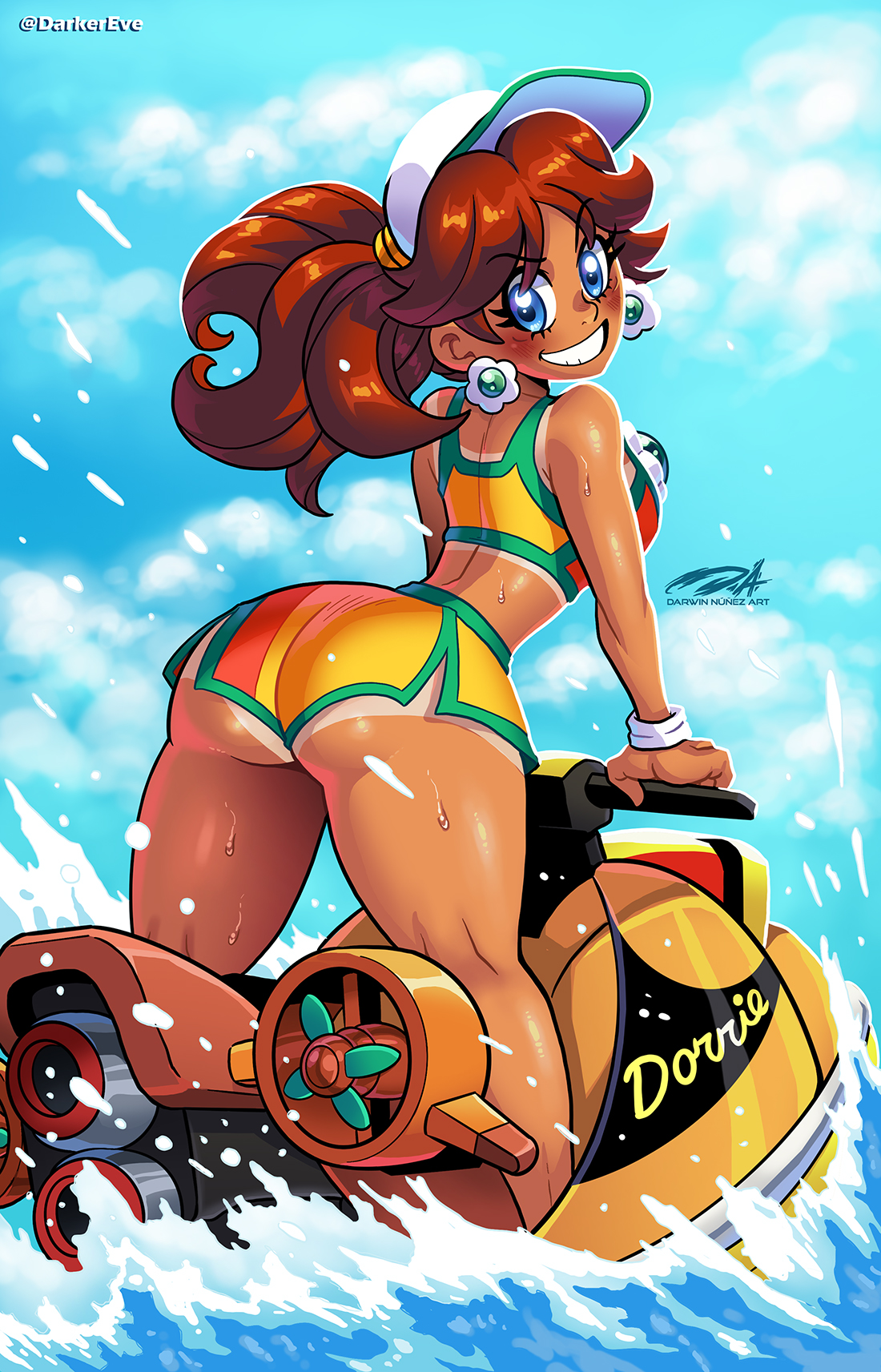 1girls, ass, ass hanging out, ass hanging out of shorts, blue eyes, brown hair, darkereve, female, female only, grin, grinning at viewer, hi res, long hair, looking at viewer, looking back, looking back at viewer, mario (series), mario kart, mario kart world, nintendo, official alternate costume, ponytail, princess daisy, princess daisy (swimwear), smiling, smiling at viewer, solo, tan body, tanline, thick thighs, thighs, tongue, tongue out, wet clothes