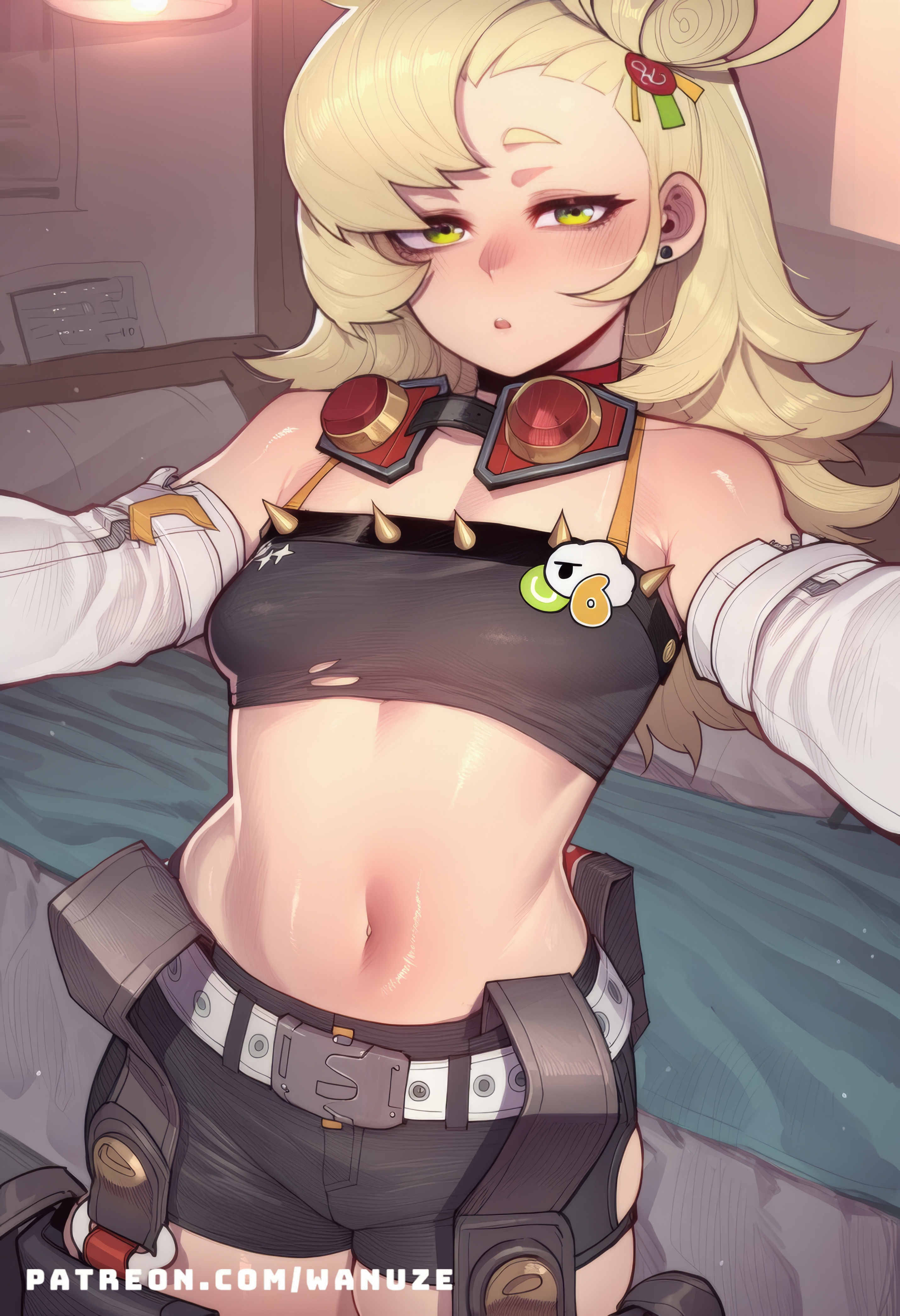 ai generated, big ass, big butt, big thighs, blonde hair, blush, breasts, crop top, female, female only, gloves, huge ass, huge butt, huge thighs, looking at viewer, piper wheel, shorts, small breasts, wanuze, wide hips, yellow eyes, zenless zone zero