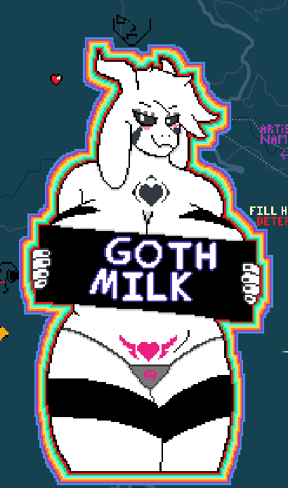 asriel dreemurr (god form), big breasts, blush, breasts, female, goth milk, heart tattoo, letter, pixel art, rainbow coloring, rule 63, skull bikini, undertale, wplace