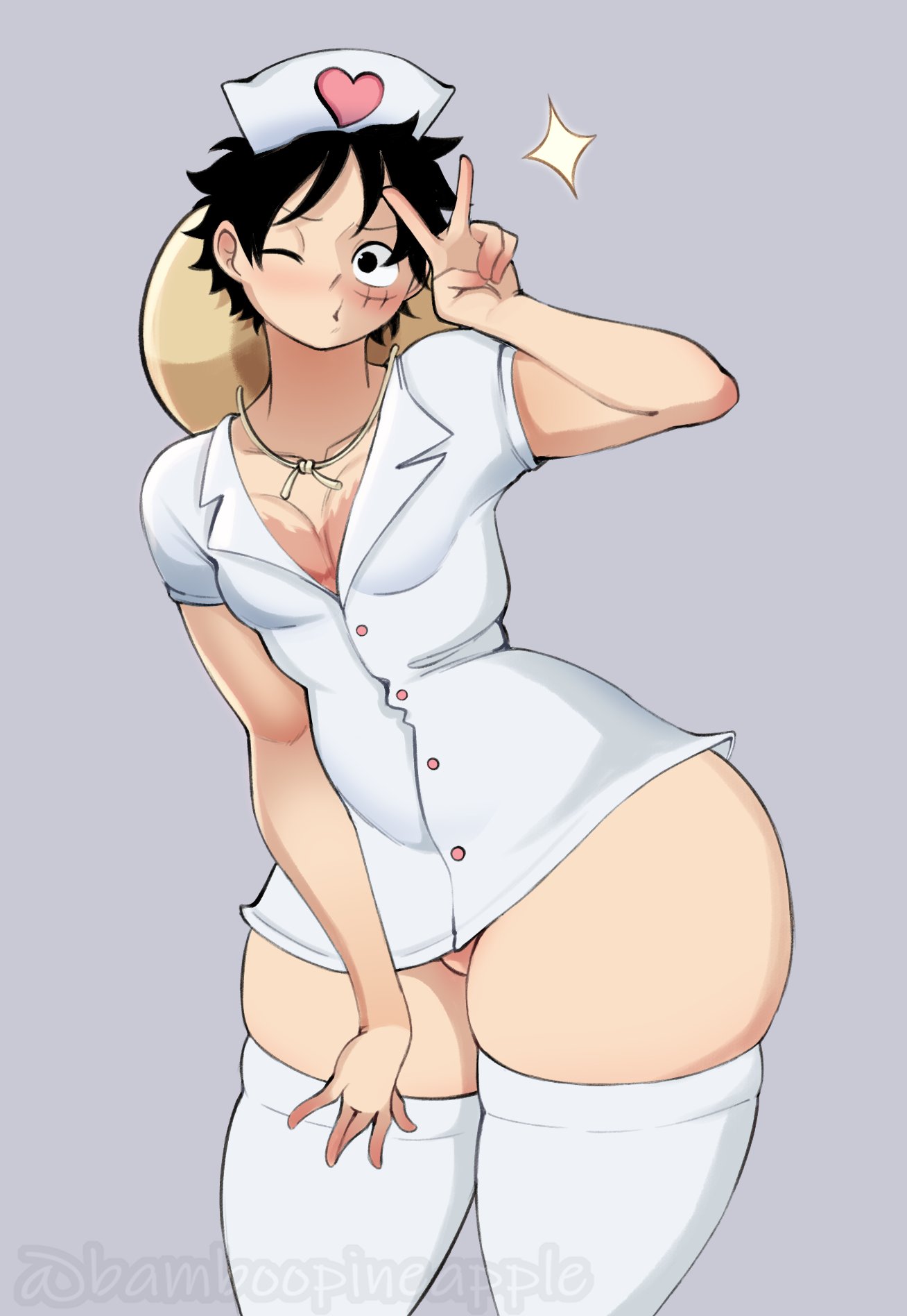 alternate costume, bamboopineapple, big ass, black hair, blush, cute, femboy, hiding penis, male, male only, monkey d. luffy, nurse cap, nurse uniform, one piece, peace sign, scar, straw hat, thick thighs, thighhighs, thin arms, wide hips, winking at viewer