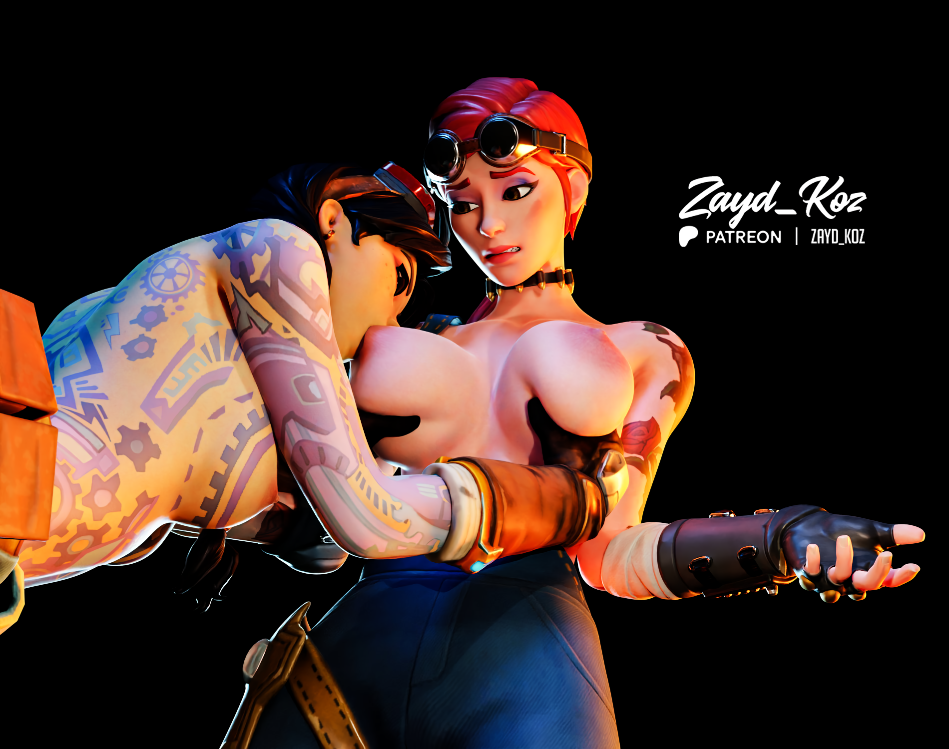 2girls, 3d, areola, areolae, arm tattoo, big breasts, black background, black hair, braid, braided hair, breast focus, breast grab, breast sucking, breasts, breasts out, clip (fortnite), epic games, exposed breasts, female, female only, fingerless gloves, fortnite, fortnite: battle royale, fortnite: save the world, freckles, freckles on face, gloves, goggles on head, hands on breasts, holding breast, jules (fortnite), light skin, light-skinned female, long hair, looking at another, looking at partner, neckwear, nipple play, nipple suck, nipples, red hair, squeezing breast, sucking, sucking nipples, tattoo, tattoo on arm, tattooed arm, tattoos, tattoos everywhere, topless, topless female, yuri, zaidcos, zayd koz