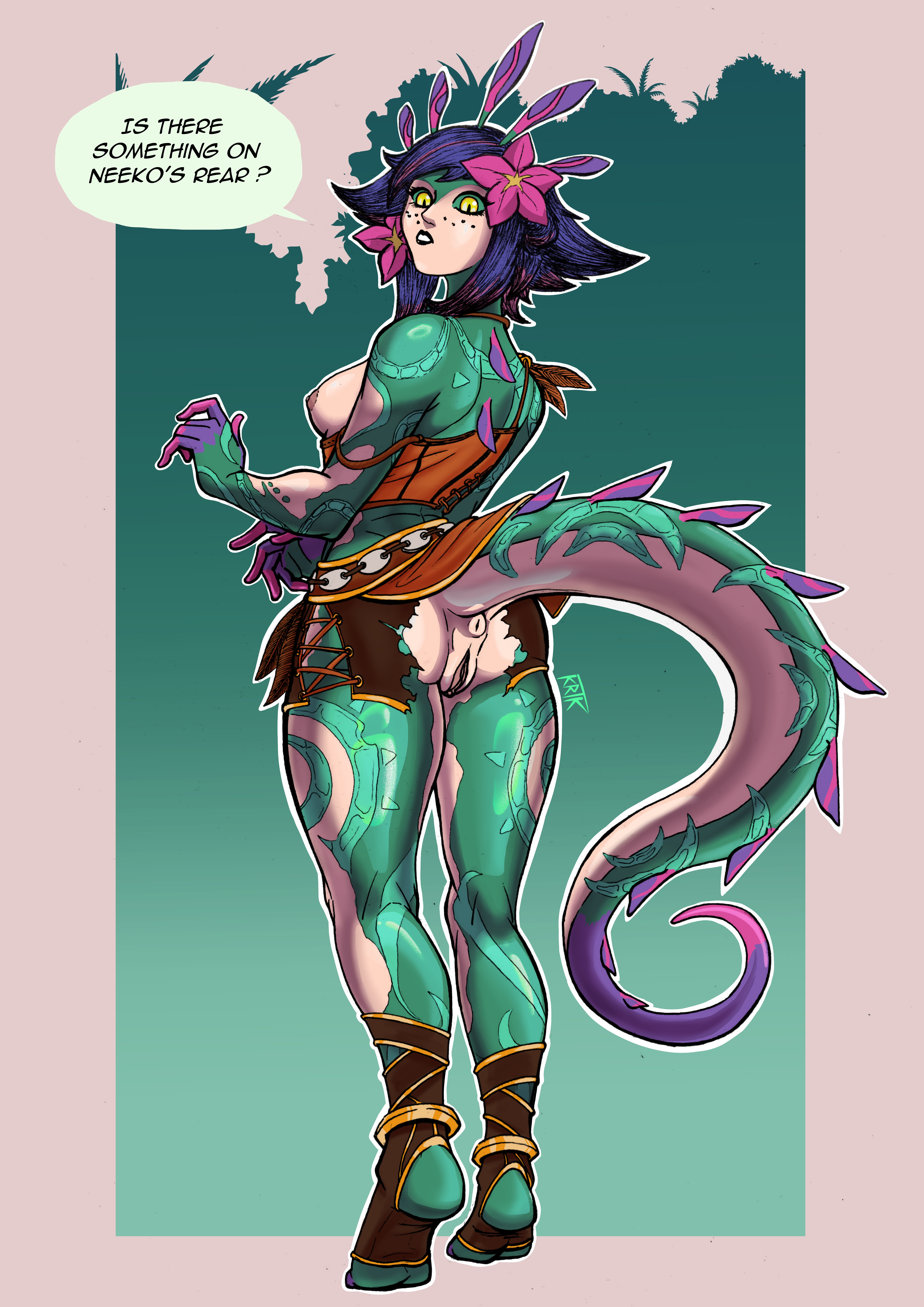 2d, 2d (artwork), anus, ass, ass focus, breasts, exposed anus, exposed pussy, female, functionally nude, green skin, krotauku, league of legends, lizard girl, neeko, presenting hindquarters, pussy, ripped clothing, small breasts, solo female, tail, text bubble, thick thighs, torn clothes