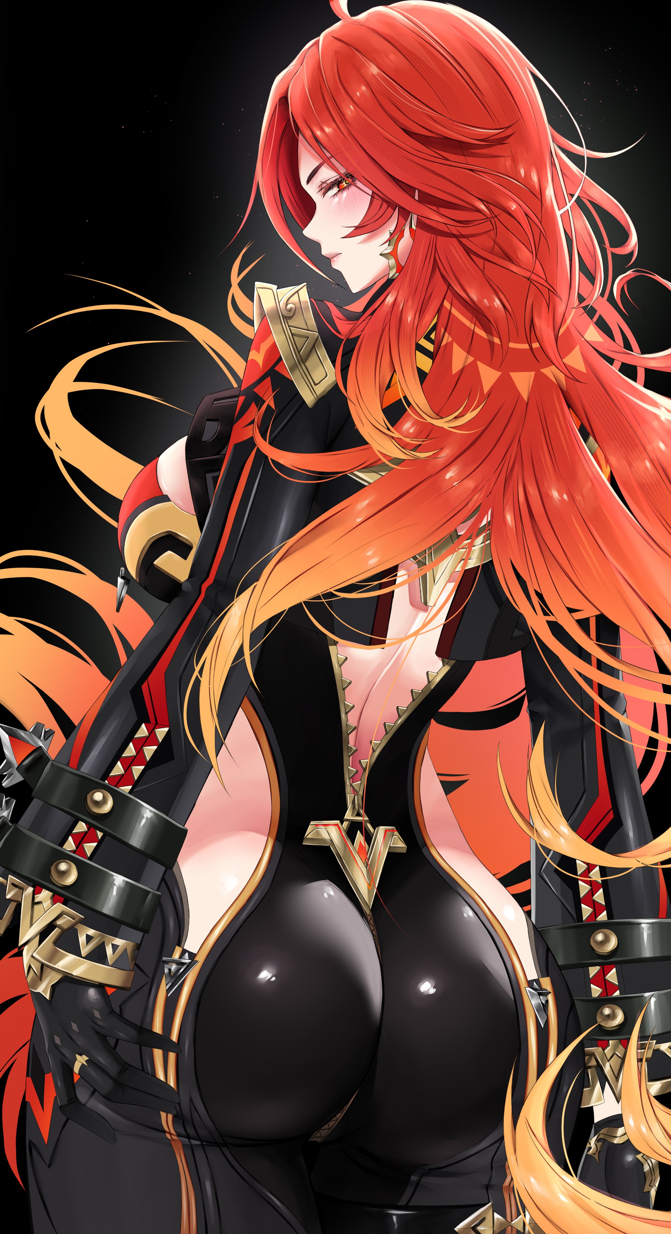 absurdres, ahoge, ass, biker clothes, bikesuit, black bodysuit, black gloves, bodysuit, breasts, earrings, female, female only, genshin impact, gloves, highres, jewelry, large breasts, long hair, long sleeves, looking at viewer, looking back, mavuika (genshin impact), median furrow, multicolored hair, orange eyes, orange hair, red hair, solo, two-tone hair, very long hair, vitaminechan