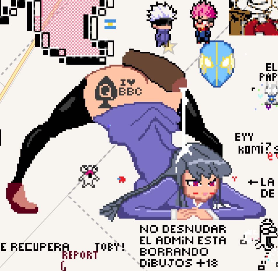 big breasts, big penis, breasts, cum on hair, dark-skinned male, excessive cum, female, i love bbc, komi shouko, komi-san wa komyushou desu, male, penis, pixel art, purple eyes, queen of spades, raceplay, spanish text, tatoos, text, wplace