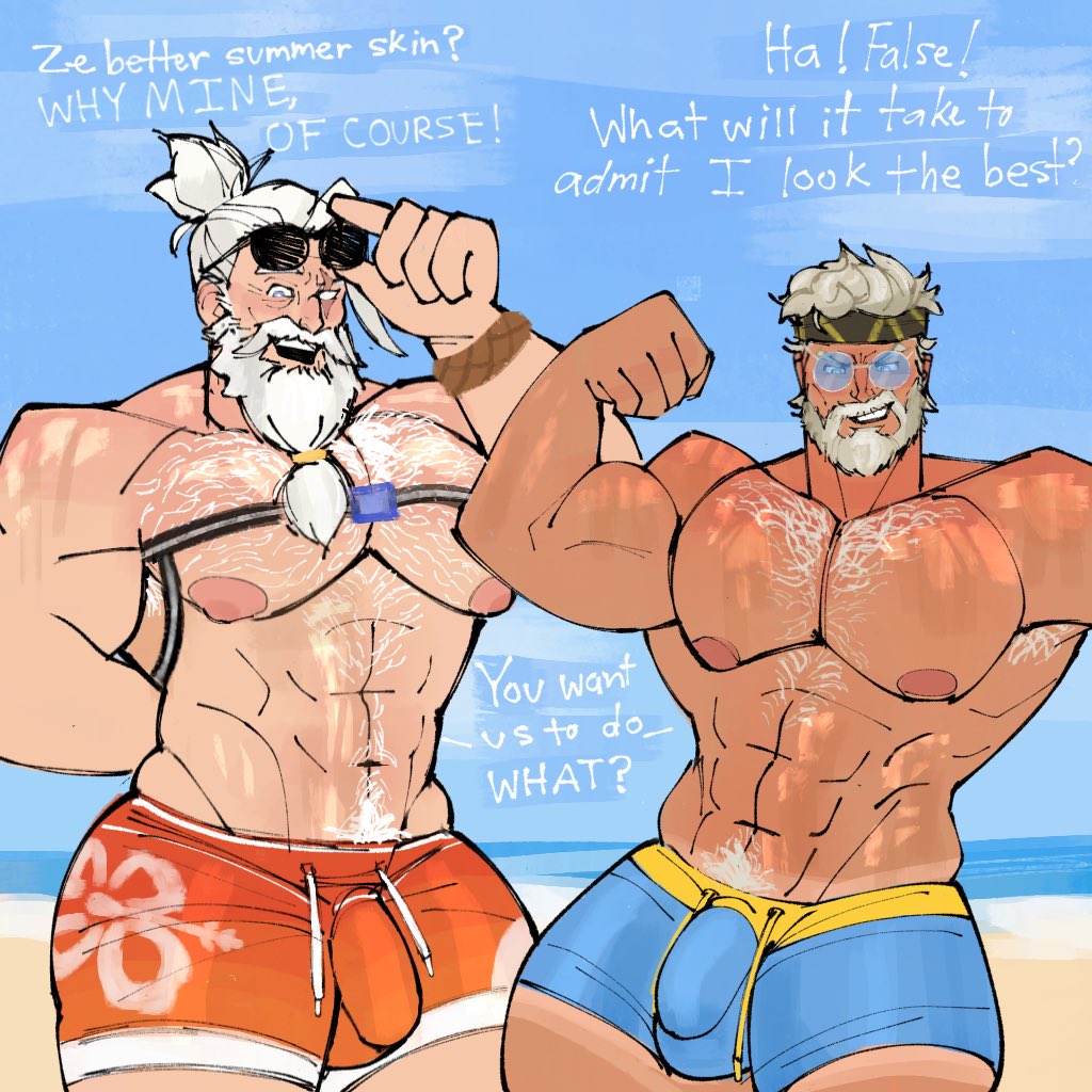 beach, beard, big penis, blonde hair, bulge, chest hair, cock, competition, crossover, daddy, dick, dilf, eyewear on head, flexing bicep, gay, hairy, hairy chest, hairy male, huge cock, male, male focus, male only, marvel, marvel comics, marvel rivals, overwatch, penis, reinhardt, sprungtrapped, sunglasses, tattoo, thick penis, thor (marvel rivals), thor (marvel), thor (worthy waves), white hair