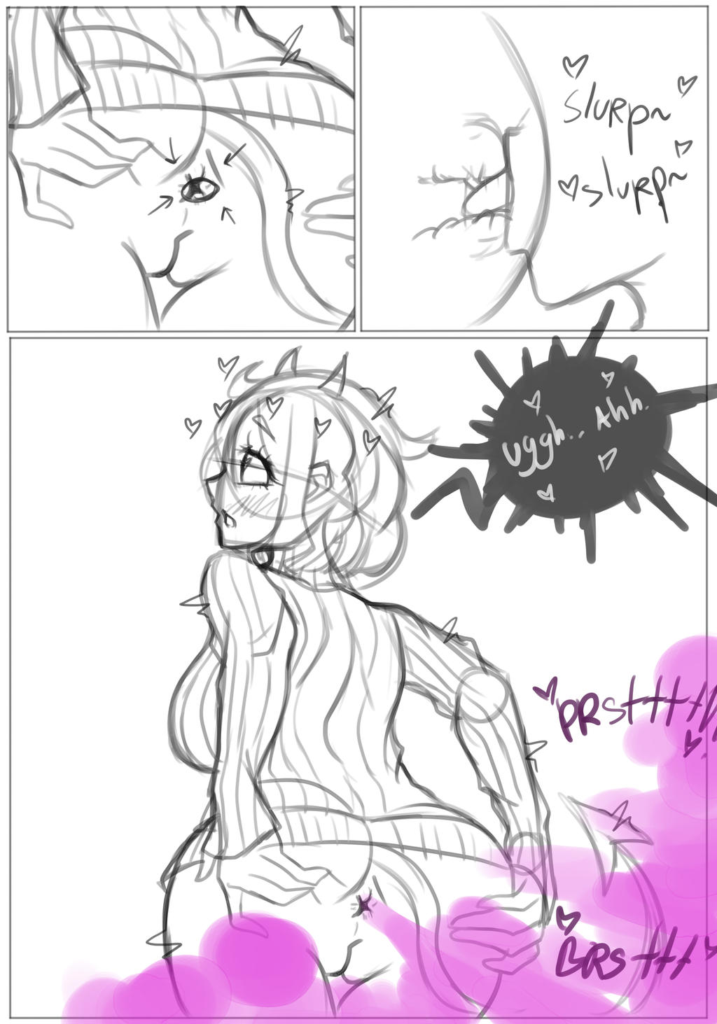 chro-sis, fart, fart cloud, fart fetish, farting, farting in mouth, female, helltaker, licking pussy, moaning, modeus (helltaker), no panties, pantsless, pussy, sketch, tongue, tongue in anus, unusual fart