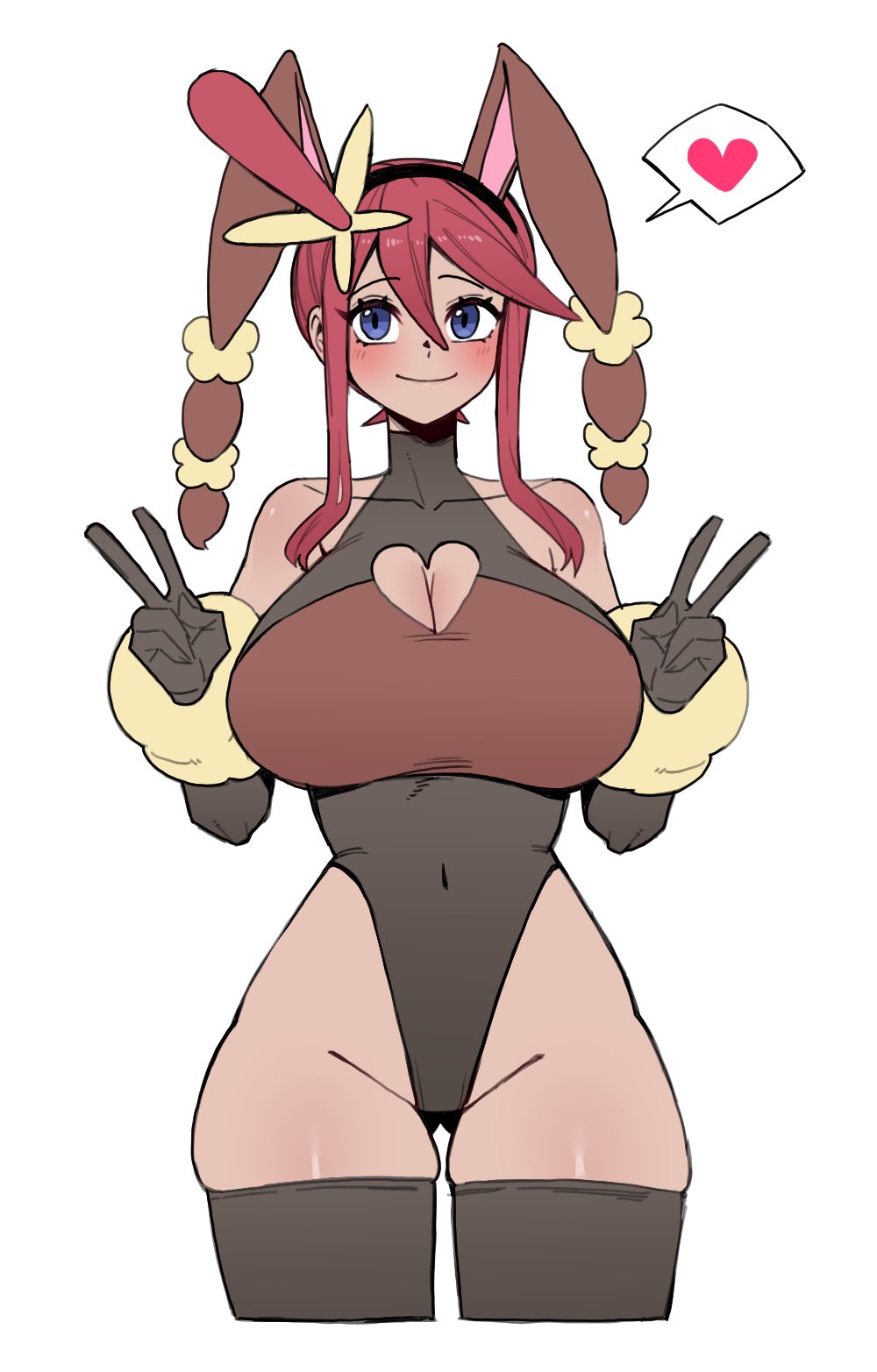 1girls, 7a (se7ena), animal ears, bangs, bare shoulders, blue eyes, blush, breasts, bunny ears, cleavage, cleavage cutout, closed mouth, cosplay, cropped legs, double v, fake animal ears, female, gloves, hair between eyes, heart, huge breasts, leotard, long hair, looking at viewer, lopunny (cosplay), mega lopunny (cosplay), nintendo, pokemon, pokemon (cosplay), pokemon bw, pokemon bw2, pokemon dppt, red hair, skyla (pokemon), smile, solo, spoken heart, thighhighs, v, w, white background