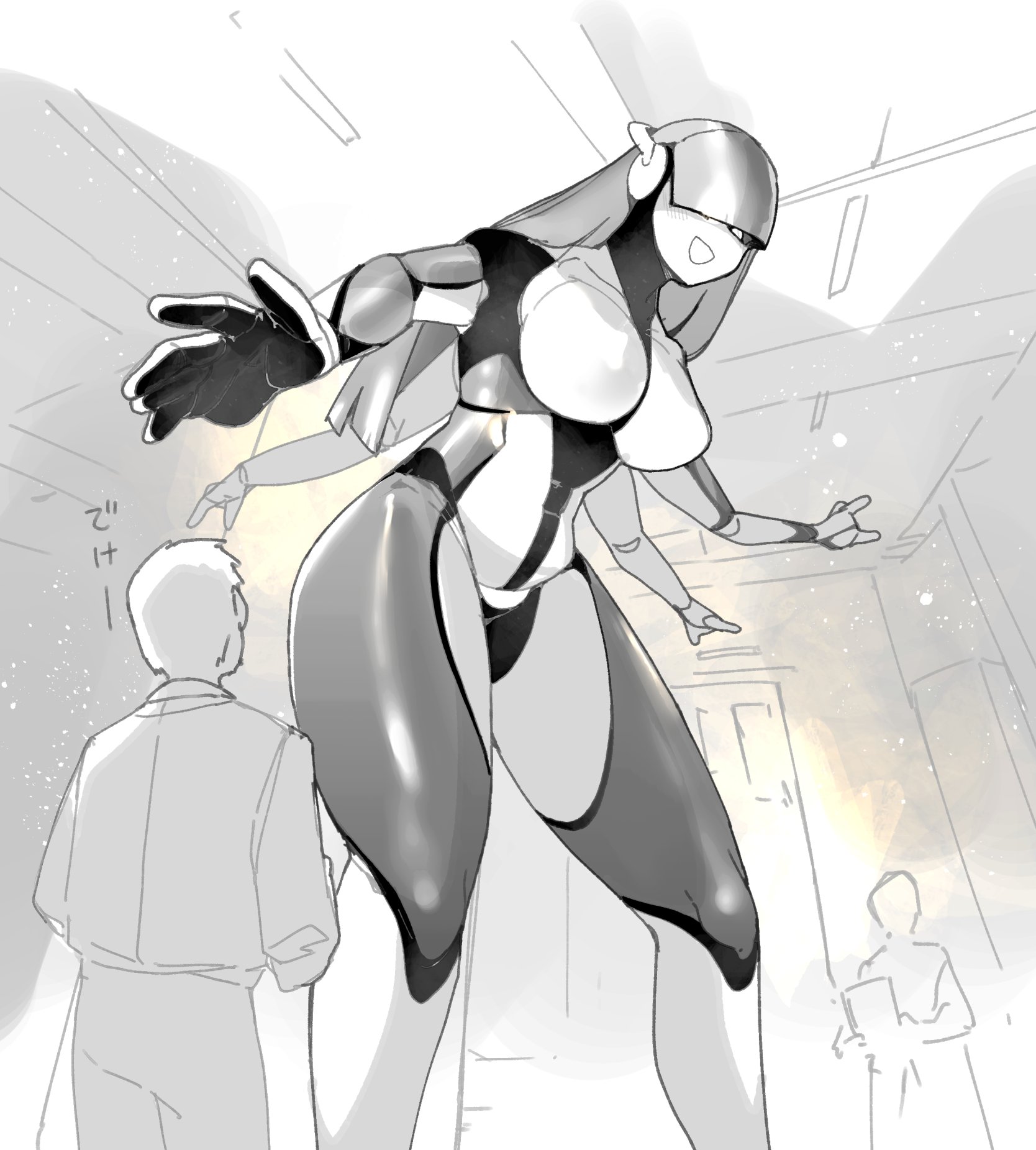 2boys1girl, android, android girl, big breasts, bigger female, breasts, female, female focus, giantess, hair over one eye, height difference, large boobs, large breasts, large female, larger female, long hair, long-haired female, male, mini giantess, mutlipe arms, nikukaiq, robot, robot girl, robot humanoid, shorter male, size difference, smaller male
