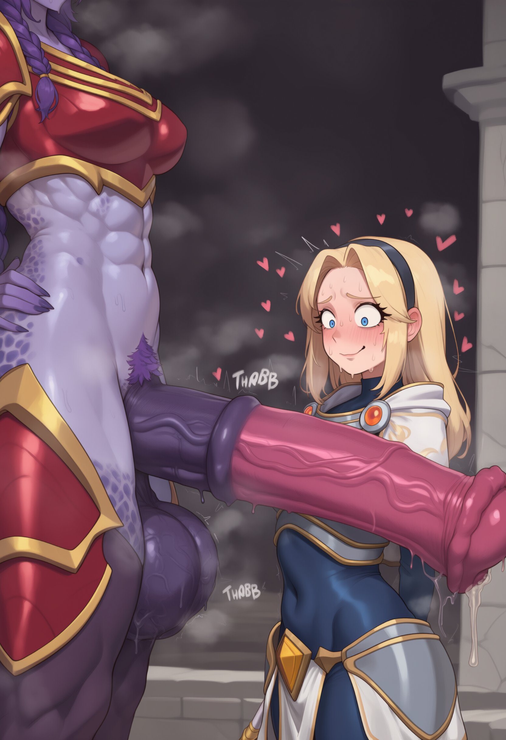 1futa, 1girls, 2025, abs, ai generated, animal genitalia on humanoid, arms behind back, balls, big balls, big breasts, big penis, bigger futa, blonde hair, blue eyes, blush, bodysuit, breastplate, breasts, child bearing hips, cock shock, excessive precum, female, flared penis, floating heart, futa on female, futanari, hair ornament, hairband, hearts around head, horny, horny female, horseballs, horsecock, horsecock futa, horsecock on humanoid, huge balls, huge cock, hung futa, intersex, league of legends, looking at penis, looking down at penis, luxanna crownguard, muscular, muscular anthro, muscular futa, musk, musk clouds, navel, nervous smile, noonyx, penis, penis awe, precum, precum drip, precum string, pubic hair, purple hair, purple skin, riot games, shyvana, size difference, smaller female, sweat, sweatdrop, sweating, sweaty, sweaty balls, taller futa, thick penis, thick thighs, throbbing penis, thunder thighs, veiny balls, veiny penis, wide eyed
