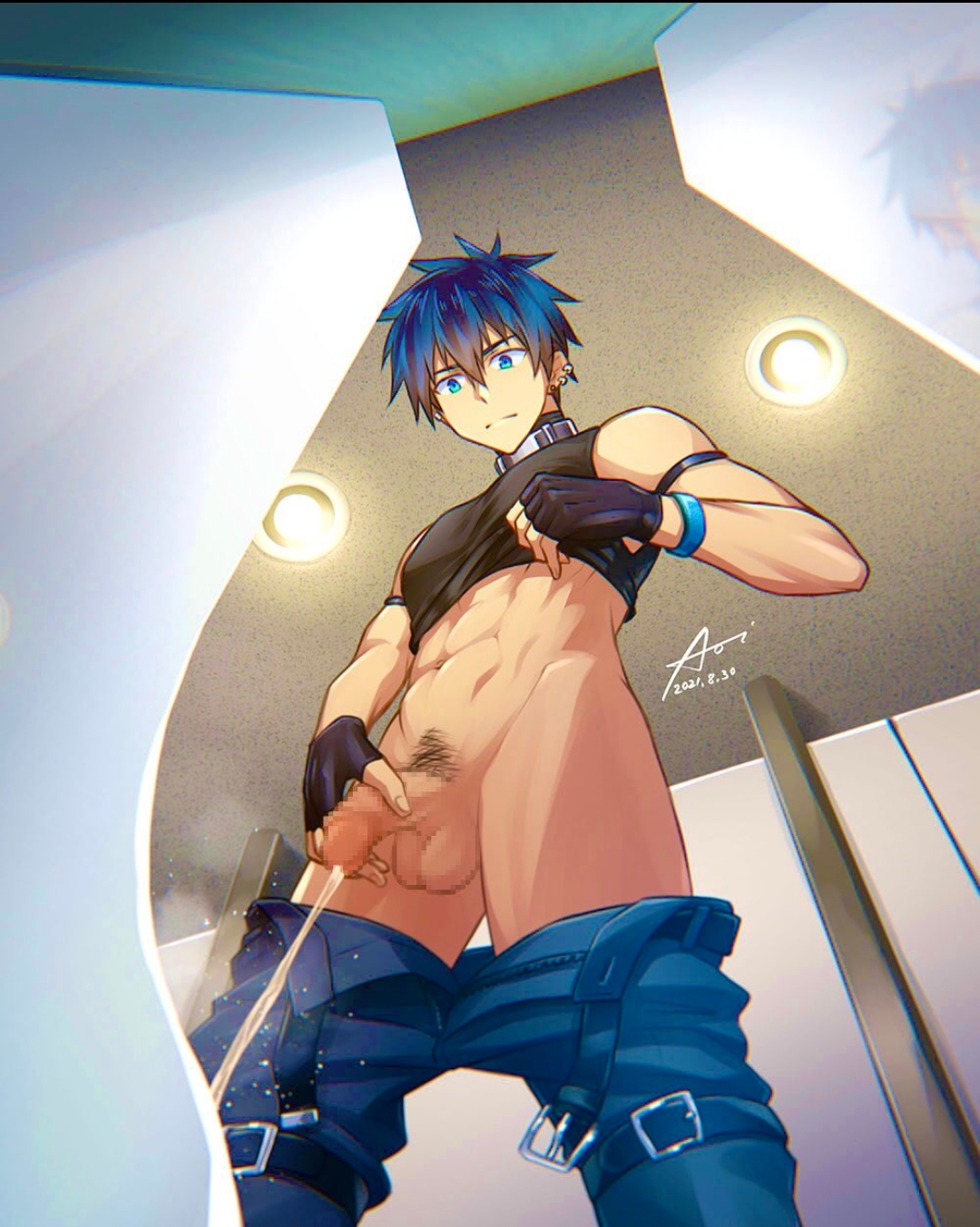 blue hair, buckle straps, dick, femboy, flaccid, hot, idol, kaito (vocaloid), male, pants, peeing, penis, pubic hair, purple hair, solo male, twink, underwear down, urinal, urinal use, urinating, urination, vocaloid