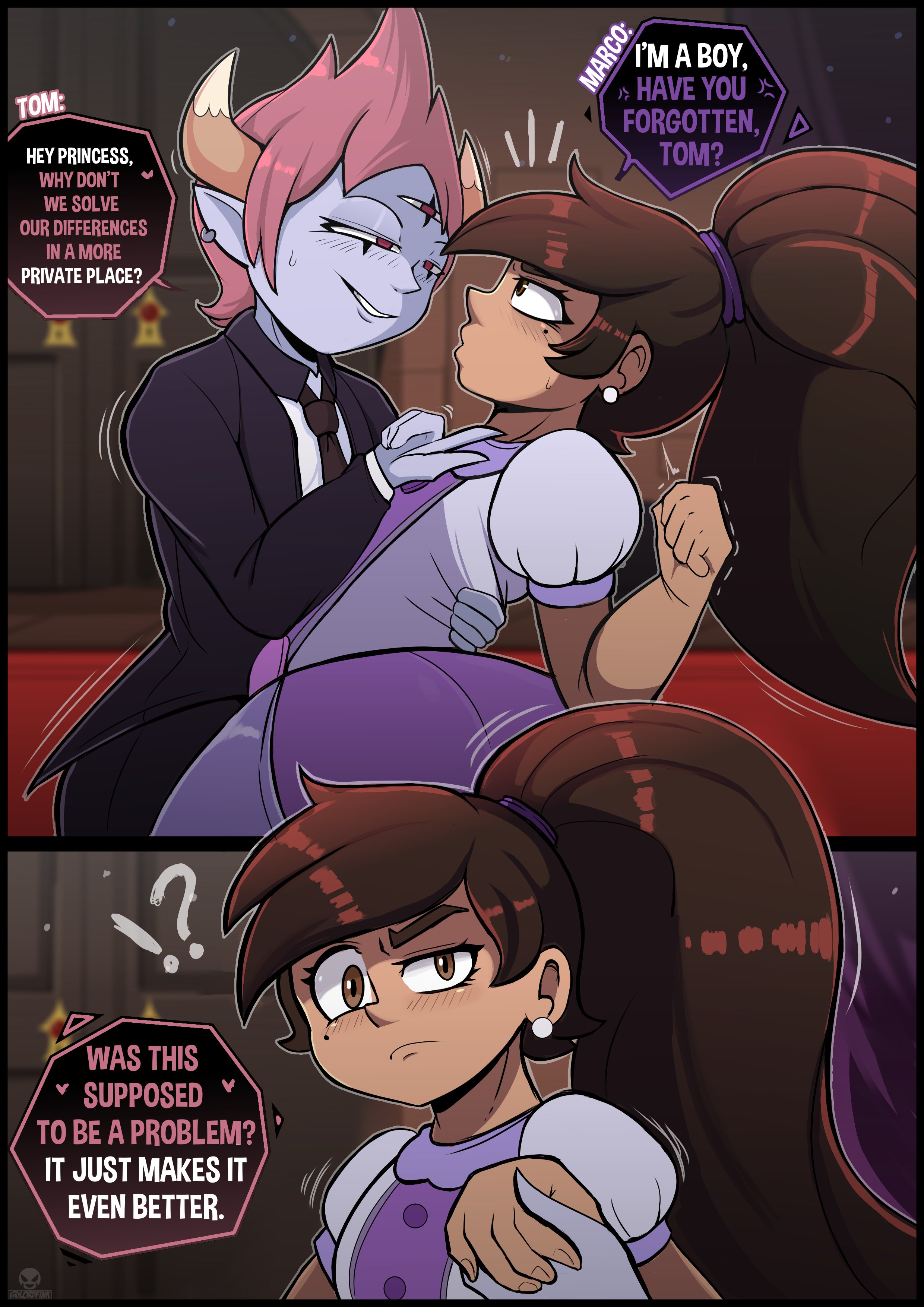 2boys, 3 eyes, assertive, assertive male, big hair, brown eyes, crossdressing, dark skin, dark-skinned femboy, dark-skinned male, dark-skinned sissy, dark-skinned sub, disney, disney channel, disney princess, disney xd, femboy, flirting, indoors, lordfink, male, marco diaz, multi eye, ponytail, princess marco, purple dress, purple skin, sissy, star vs the forces of evil, tom lucitor