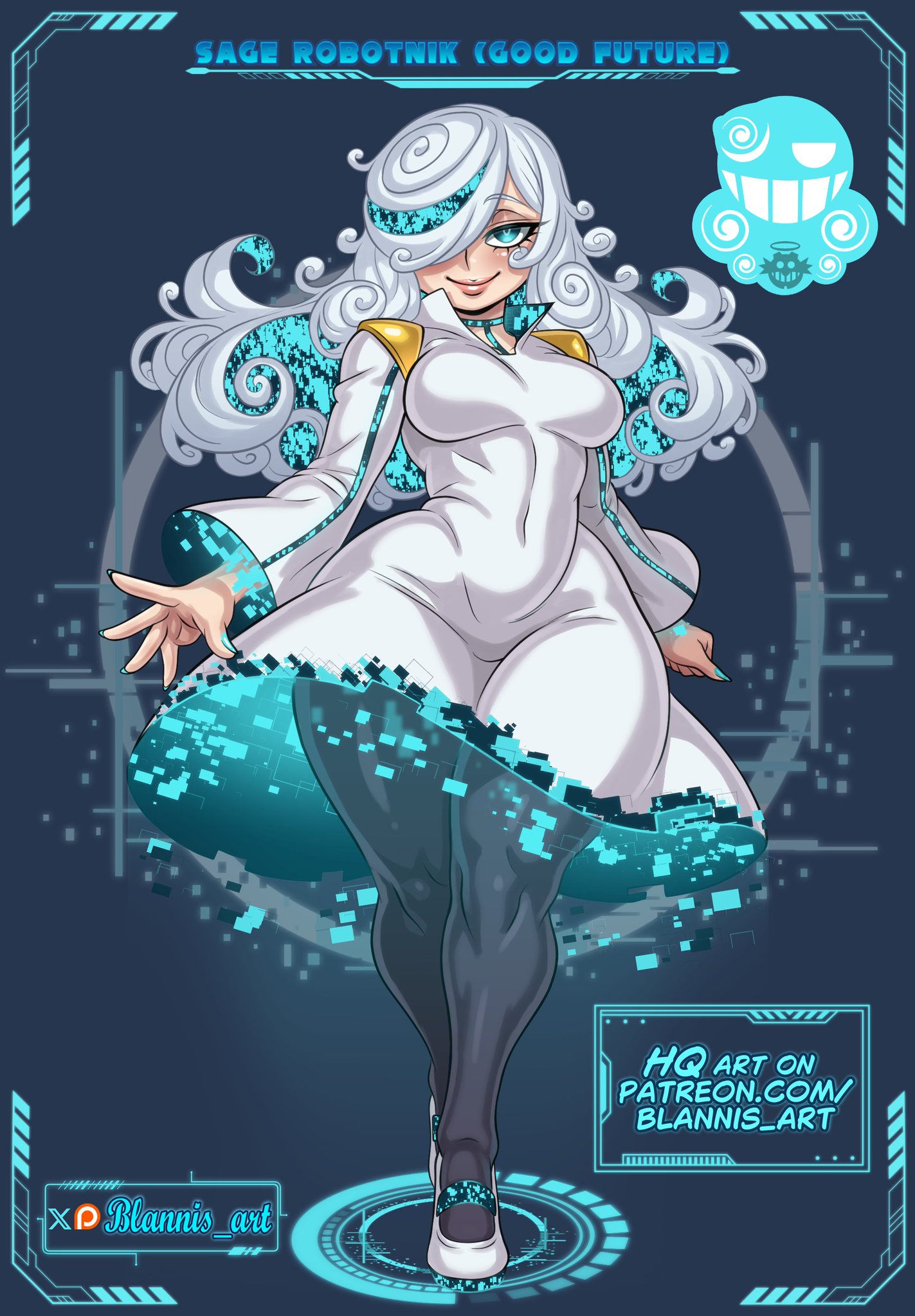 1girls, aged up, ai character, artificial intelligence, blannis art, breasts, cyan eyes, cyan nails, dress, female, female only, hair over one eye, large breasts, long hair, neo sage (fan made), pale skin, pale-skinned female, sage (sonic frontiers), sonic (series), sonic the hedgehog (series), thick thighs, two-tone hair, white dress, white hair, wide hips
