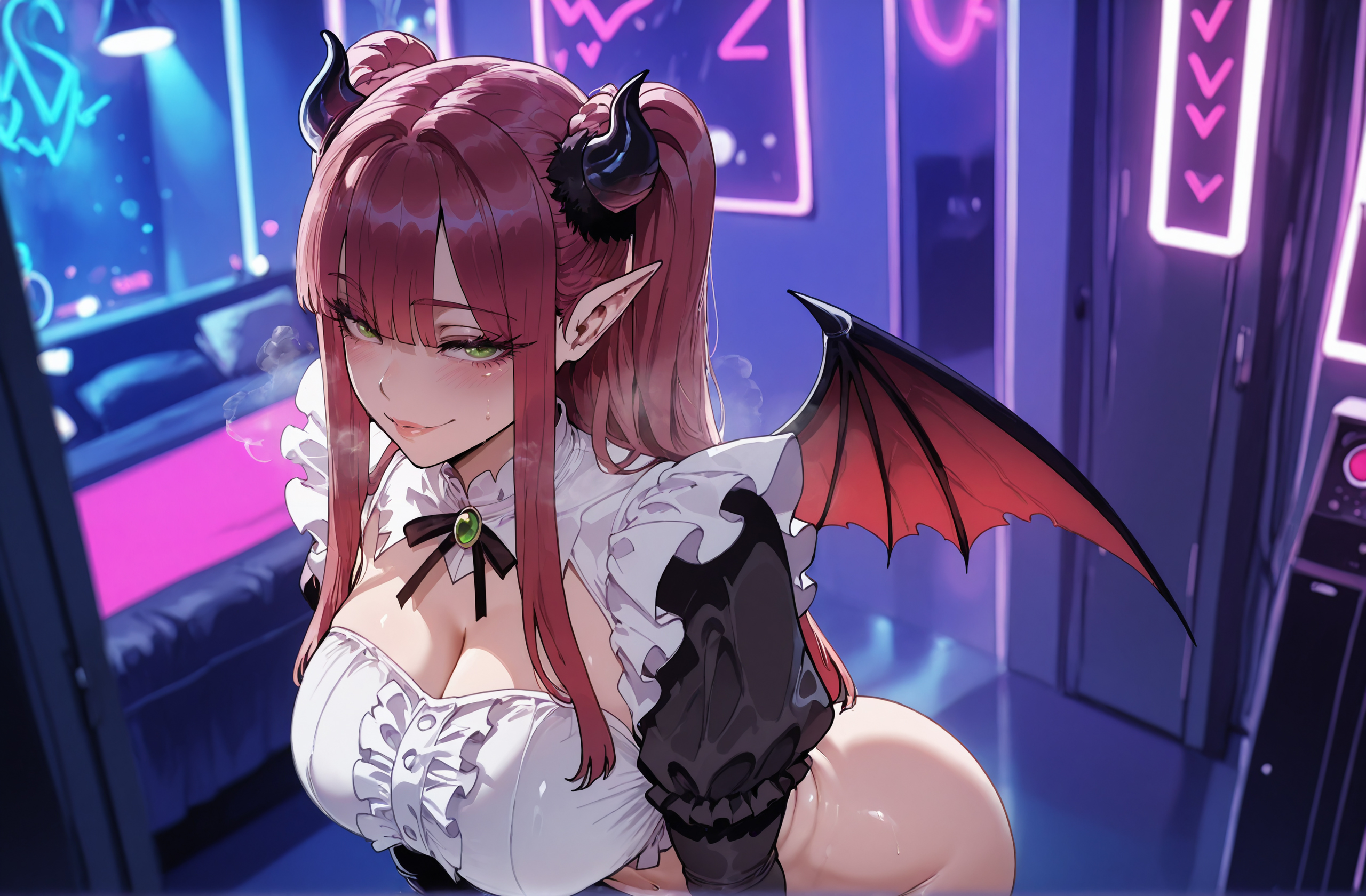 1girls, ai generated, ass, black horns, blunt bangs, blush, bottomless, breasts, breath, center frills, cleavage, closed mouth, clothing, cosplay, curvaceous, curvaceous female, curvaceous figure, curvy, curvy figure, demon girl, demon horns, demon wings, fake horns, female, female focus, female only, frilled shirt, frills, green eyes, heavy breathing, horns, indoors, inviting, kitagawa marin, large breasts, leaning forward, lips, long hair, long sleeves, looking at viewer, miyuai, neck ribbon, neon lights, pointy ears, presenting, presenting breasts, presenting self, puffy sleeves, red hair, rizu-kyun (cosplay), seductive, seductive look, seductive smile, sidelocks, smile, solo, sono bisque doll wa koi wo suru, sweat, twintails, two side up, voluptuous, voluptuous female, wings