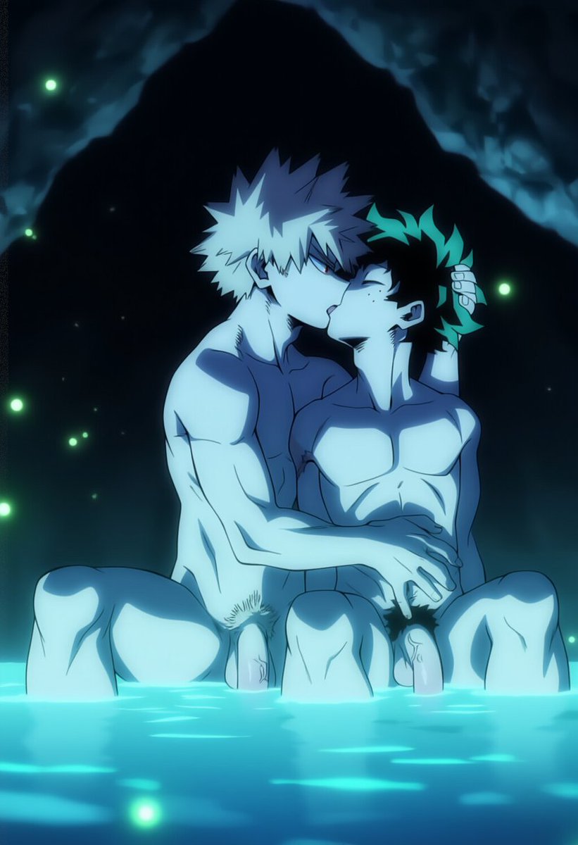ai generated, boku no hero academia, gay, hawkchan99, izuku midoriya, katsuki bakugou, kissing, male, male focus, male only, muscular, muscular male, my hero academia, pubic hair, yaoi