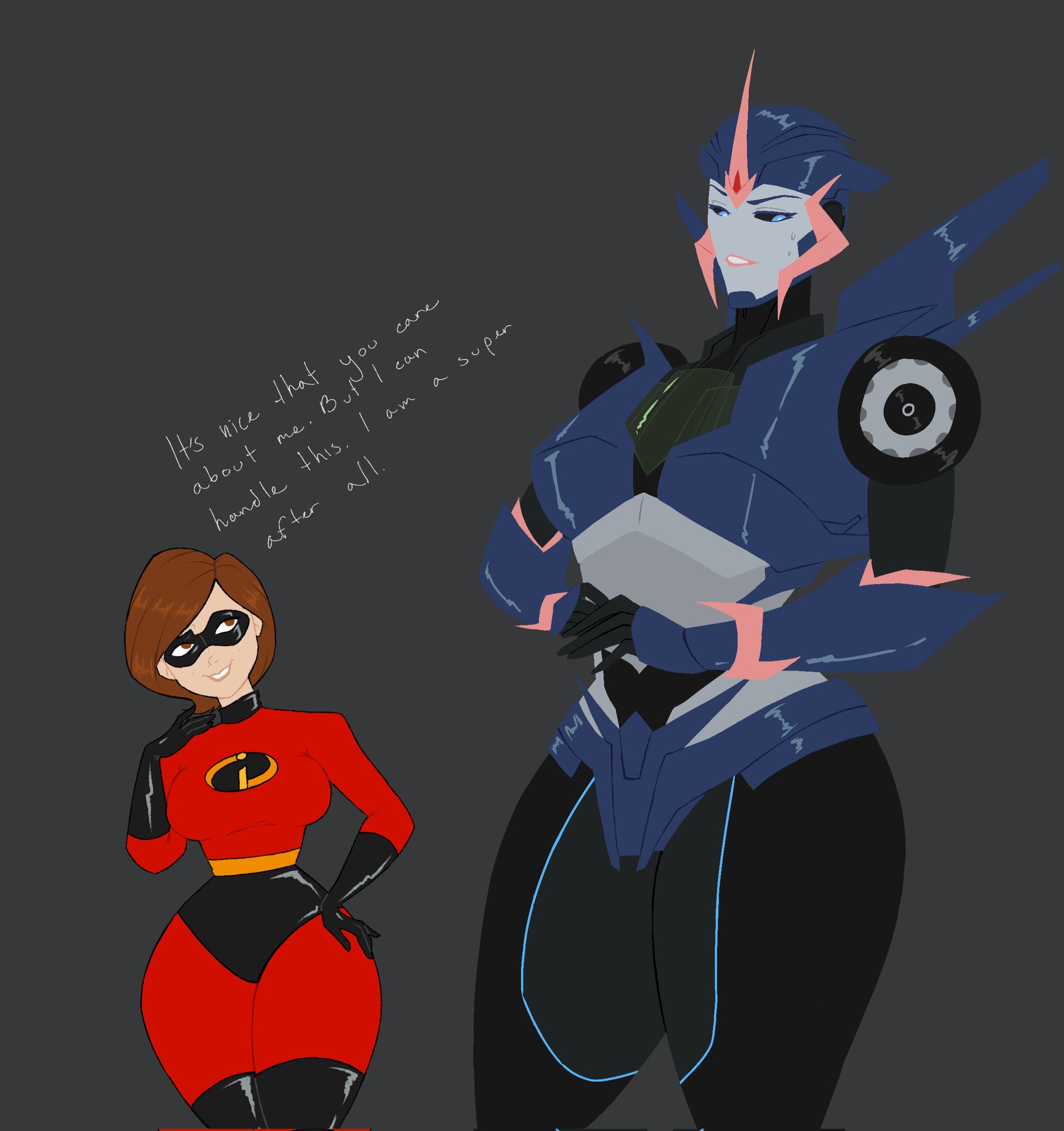 2girls, alien, alien girl, alien humanoid, alien robot, arcee, arcee (prime), ass, av3ragejan3, averagejane, big ass, big breasts, big thighs, breasts, crossover, curvaceous, curvy, curvy figure, cybertronian, digital media (artwork), elastigirl, female, fembot, giantess, gynoid, hasbro, helen parr, hips, hourglass figure, huge ass, huge breasts, huge thighs, human, human/humanoid, human/robot, humanoid, large ass, large breasts, large thighs, larger female, legs, light skin, light-skinned female, mechanical, metallic body, milf, mother, pixar, pixar mom, robot, robot girl, robot humanoid, size difference, slim waist, tall female, the incredibles, thick, thick legs, thick thighs, thighs, transformers, transformers prime, voluptuous, voluptuous female, waist, wide hips, wide thighs
