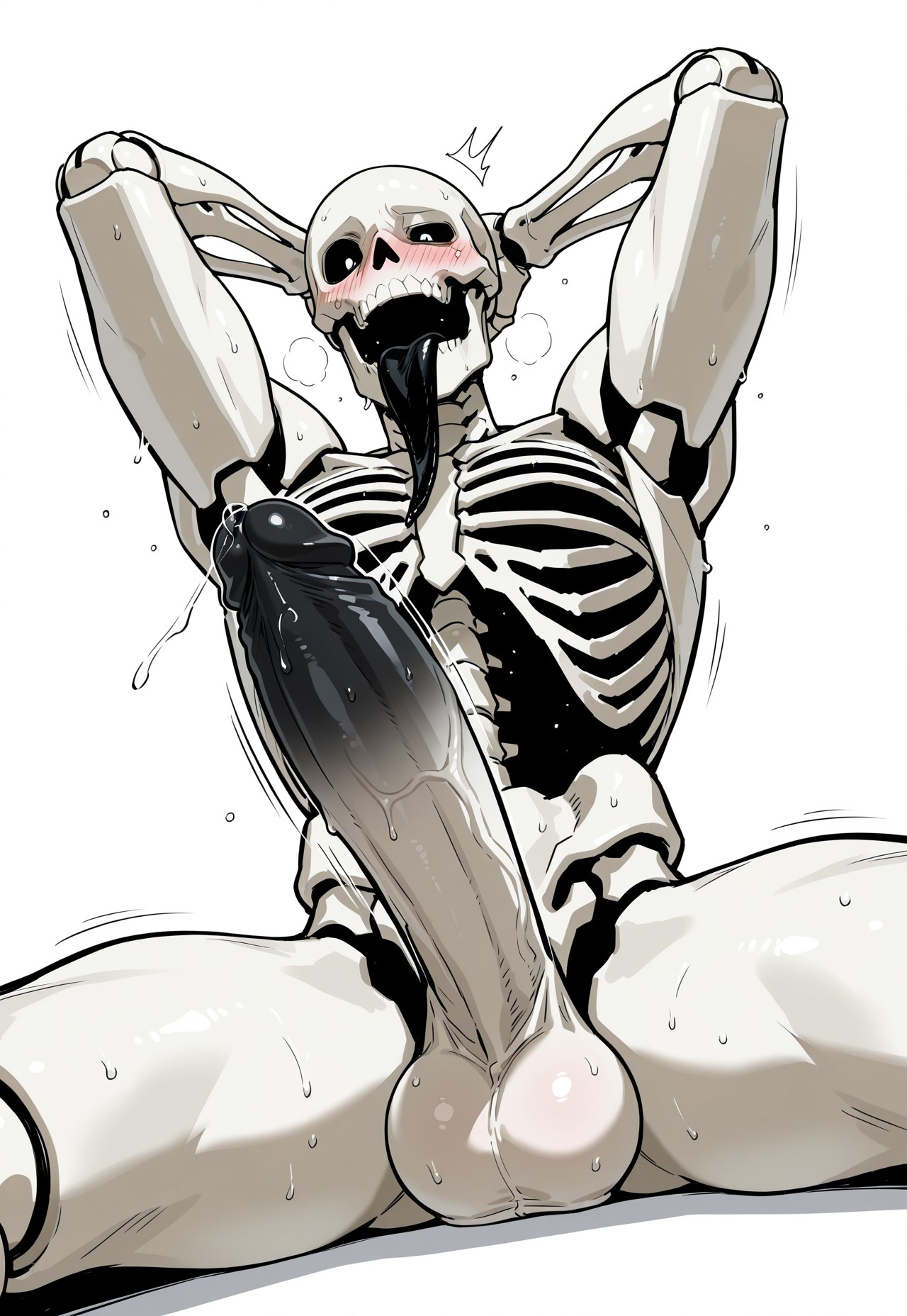 abs, ai generated, balls, bara, big balls, big penis, blush, gay, hands behind head, joints, long tongue, male, male only, muscular, muscular male, open mouth, pecs, penis, ribcage, skeleton, sweat, tongue out, yaoi