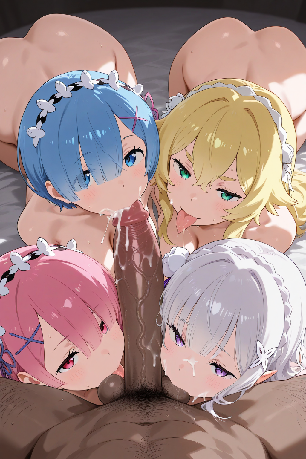 1boy, 4girls, ai generated, ass, blowjob, breasts, dark-skinned male, emilia (re:zero), fellatio, female, frederica baumann, harem, male, multiple females, multiple girls, penis, pepethunter, pov, ram (re:zero), re:zero kara hajimeru isekai seikatsu, rem (re:zero), teamwork