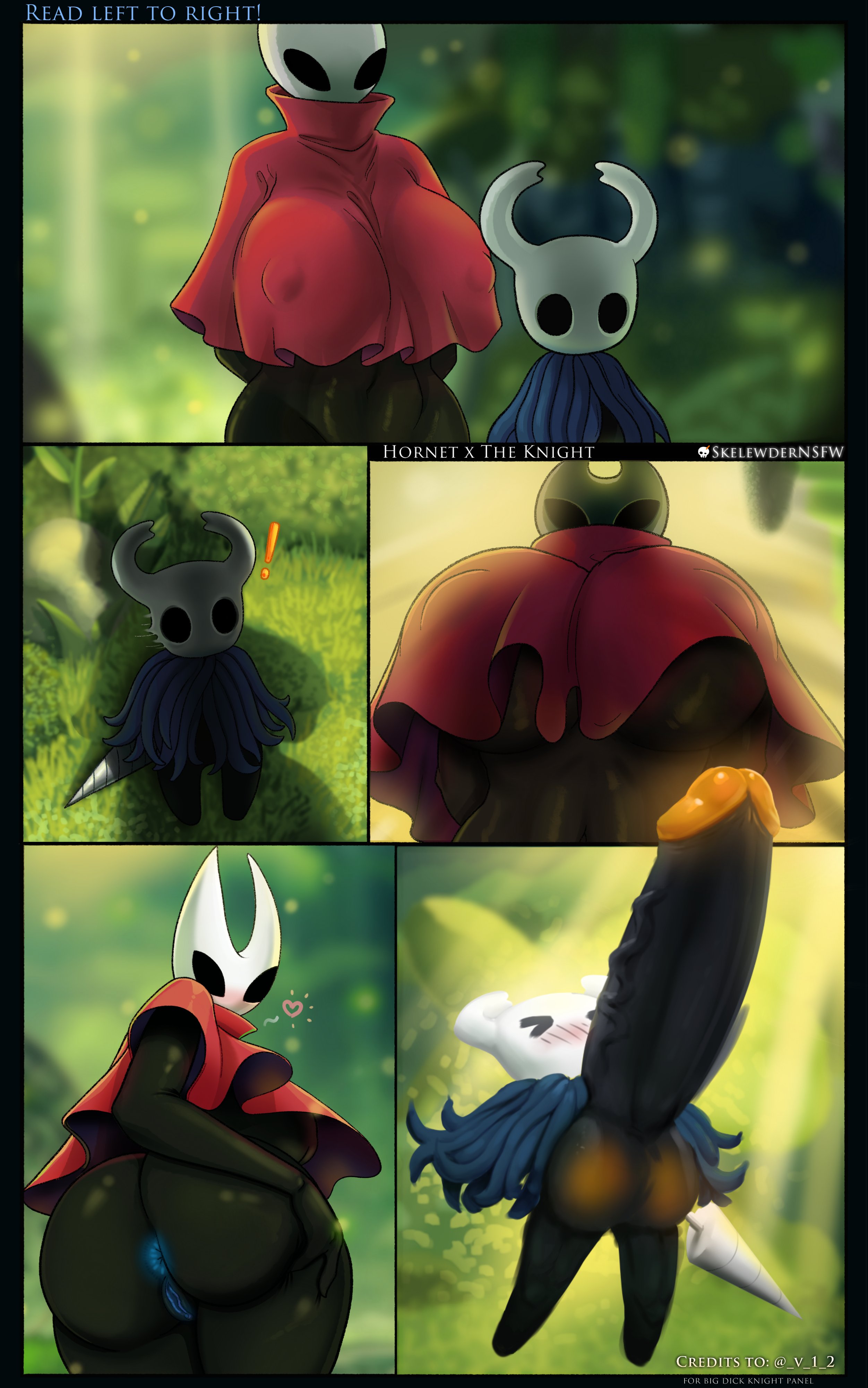 1boy, 1girls, 2 horns, alternate body type, alternate breast size, arthropod, artist name, big ass, big breasts, big butt, black body, black skin, breasts, bubble ass, bubble butt, bug, bug girl, female, hollow knight, hollow knight: silksong, hornet (hollow knight), large ass, large breasts, large butt, male, protagonist (hollow knight), silksong, skelewdernsfw, team cherry, the infection (hollow knight), the knight (hollow knight)
