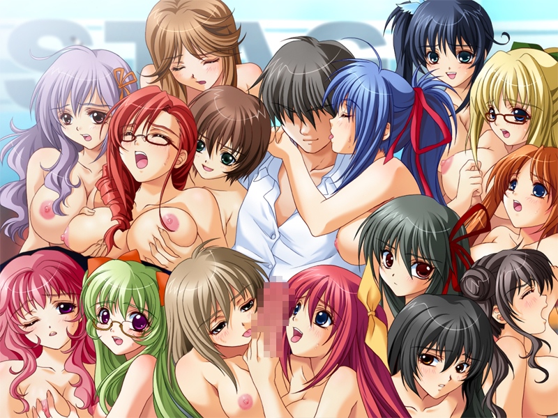 15girls 6+girls bb blush breast_grab breasts censored collaborative_fellatio double_fellatio fellatio female game_cg harem large_breasts mbs_truth multiple_fellatio multiple_girls nakadashi_igai_wa_kousoku_ihan oral penis smile straight teamwork wink yuri